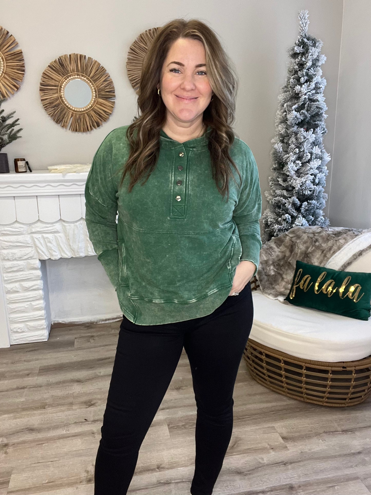 Acid Wash Hoodie - Dark Green-Sweater- Hometown Style HTS, women's in store and online boutique located in Ingersoll, Ontario