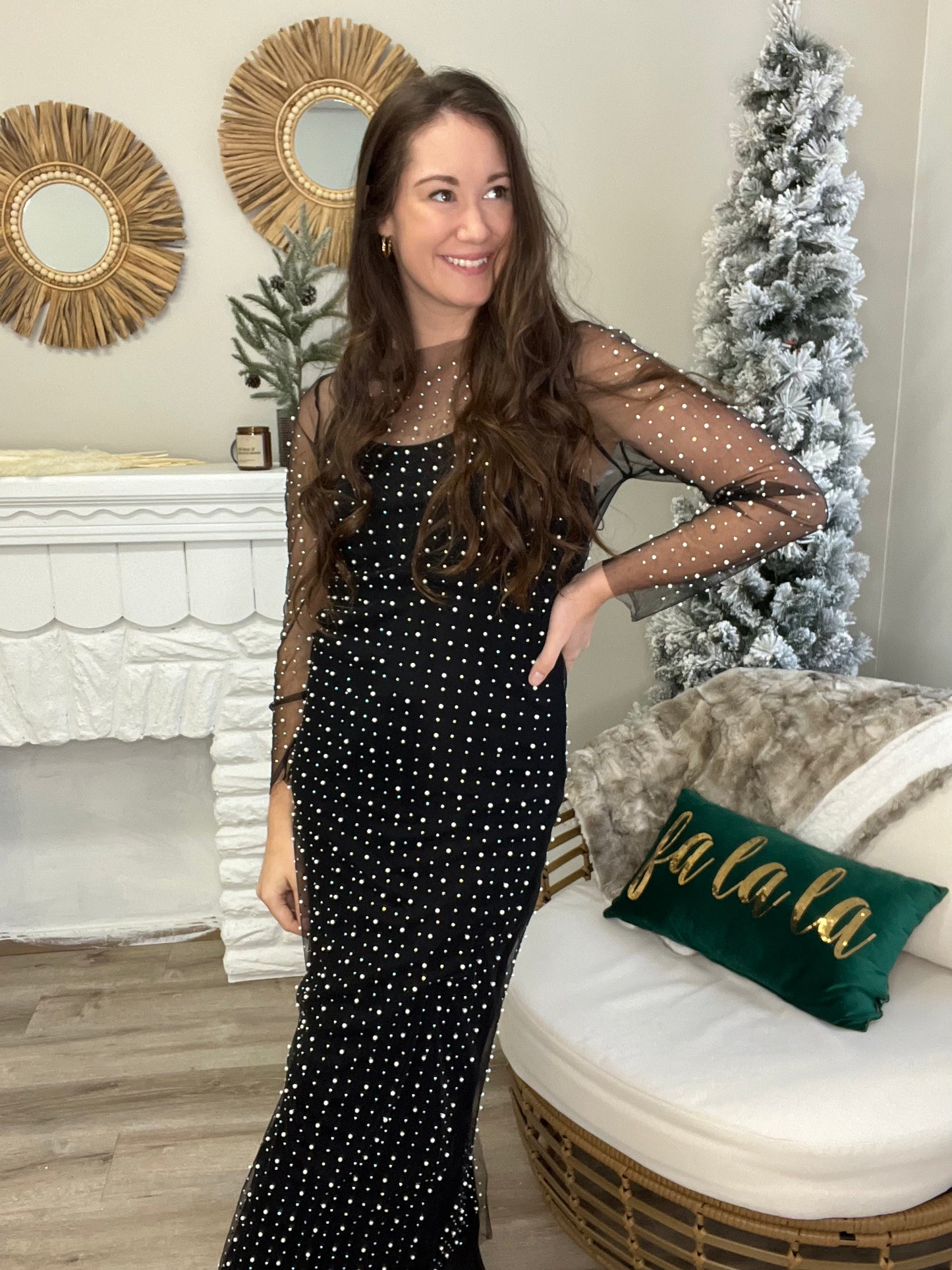 Sequin and Pearl Overlay Dress - Black-Dress- Hometown Style HTS, women's in store and online boutique located in Ingersoll, Ontario