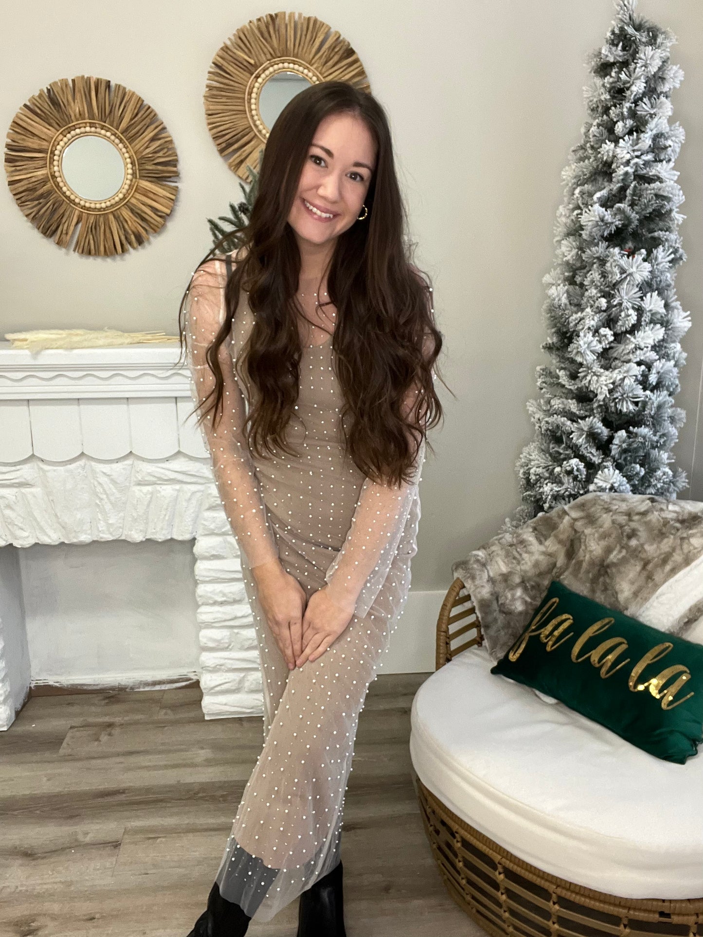 Sequin and Pearl Overlay Dress - Cream-Dress- Hometown Style HTS, women's in store and online boutique located in Ingersoll, Ontario