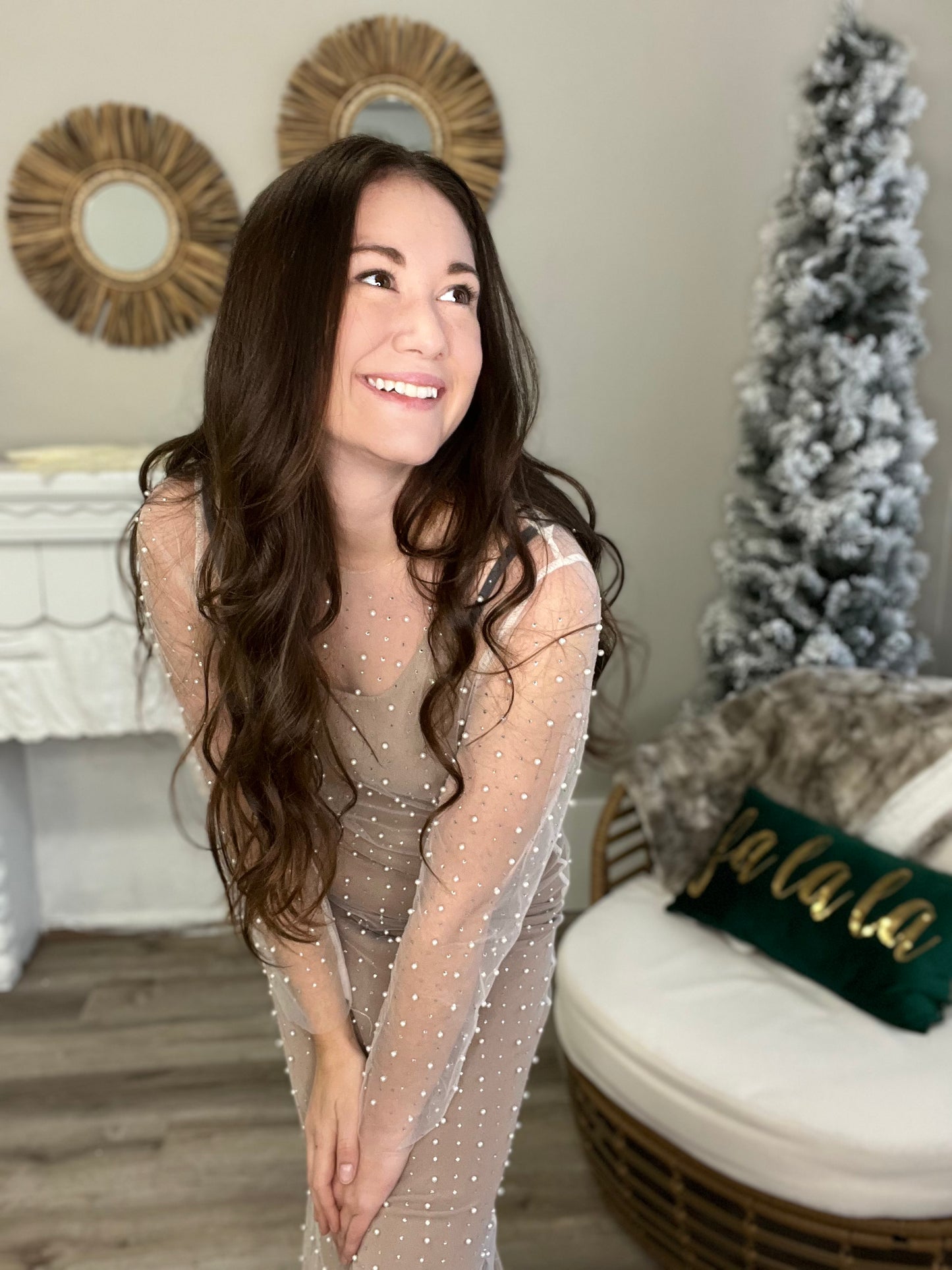 Sequin and Pearl Overlay Dress - Cream-Dress- Hometown Style HTS, women's in store and online boutique located in Ingersoll, Ontario