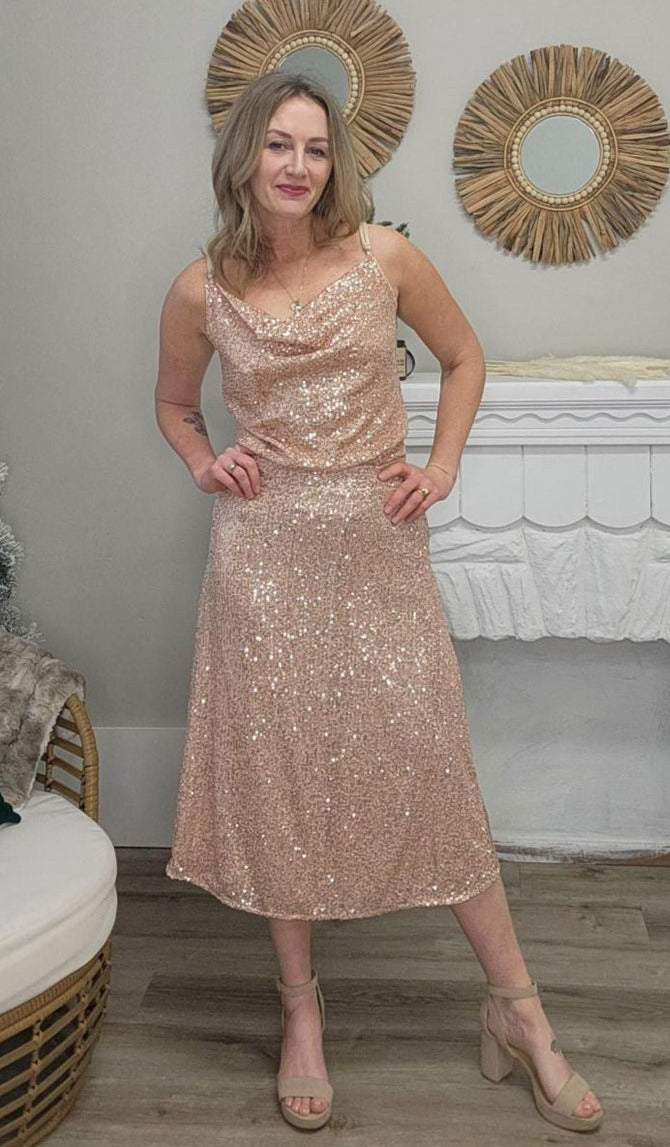Sequin Cowl Neck Cami Top - Rose Gold- Hometown Style HTS, women's in store and online boutique located in Ingersoll, Ontario