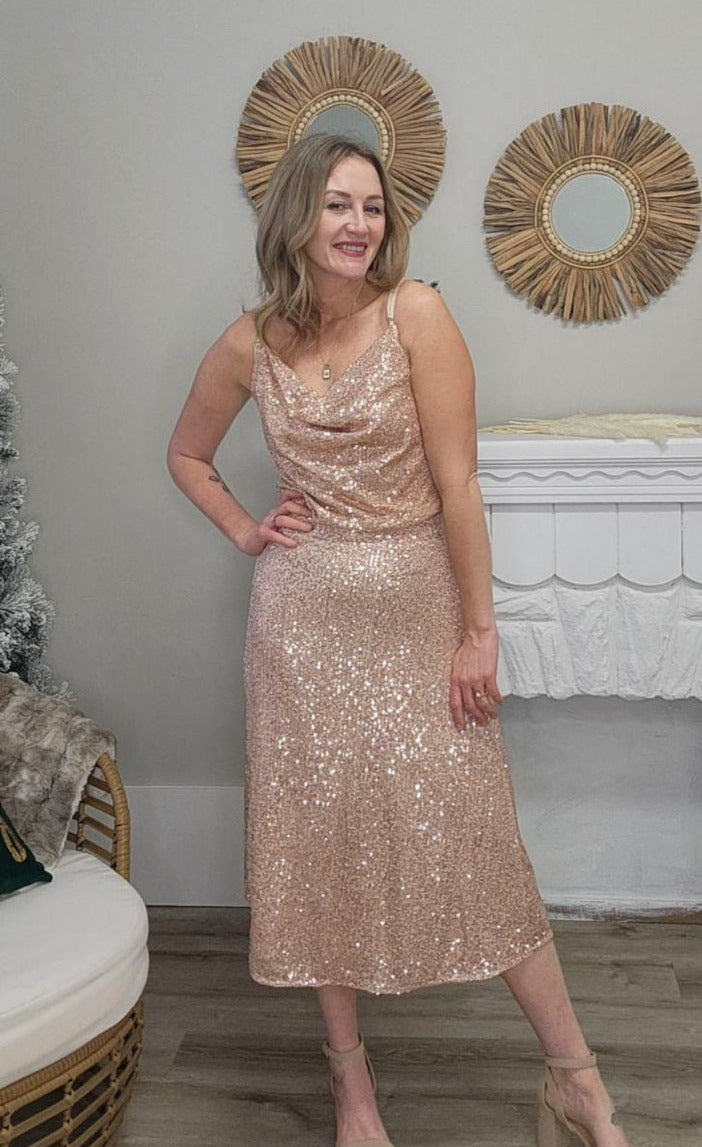 Sequin Cowl Neck Cami Top - Rose Gold- Hometown Style HTS, women's in store and online boutique located in Ingersoll, Ontario
