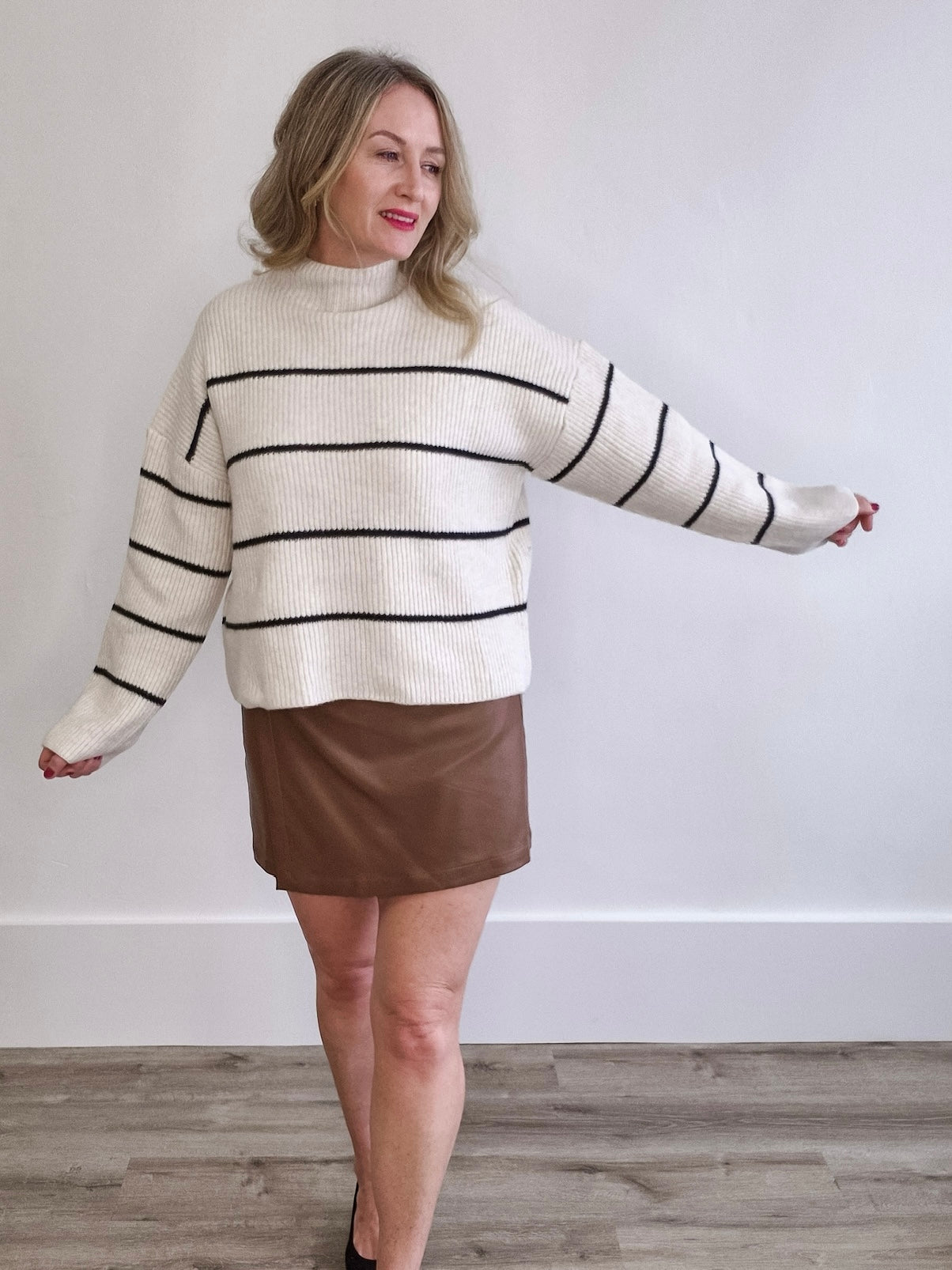 Mock Neck, Ribbed Knit Sweater - White/Black Stripe-Sweaters and Cardigans- Hometown Style HTS, women's in store and online boutique located in Ingersoll, Ontario