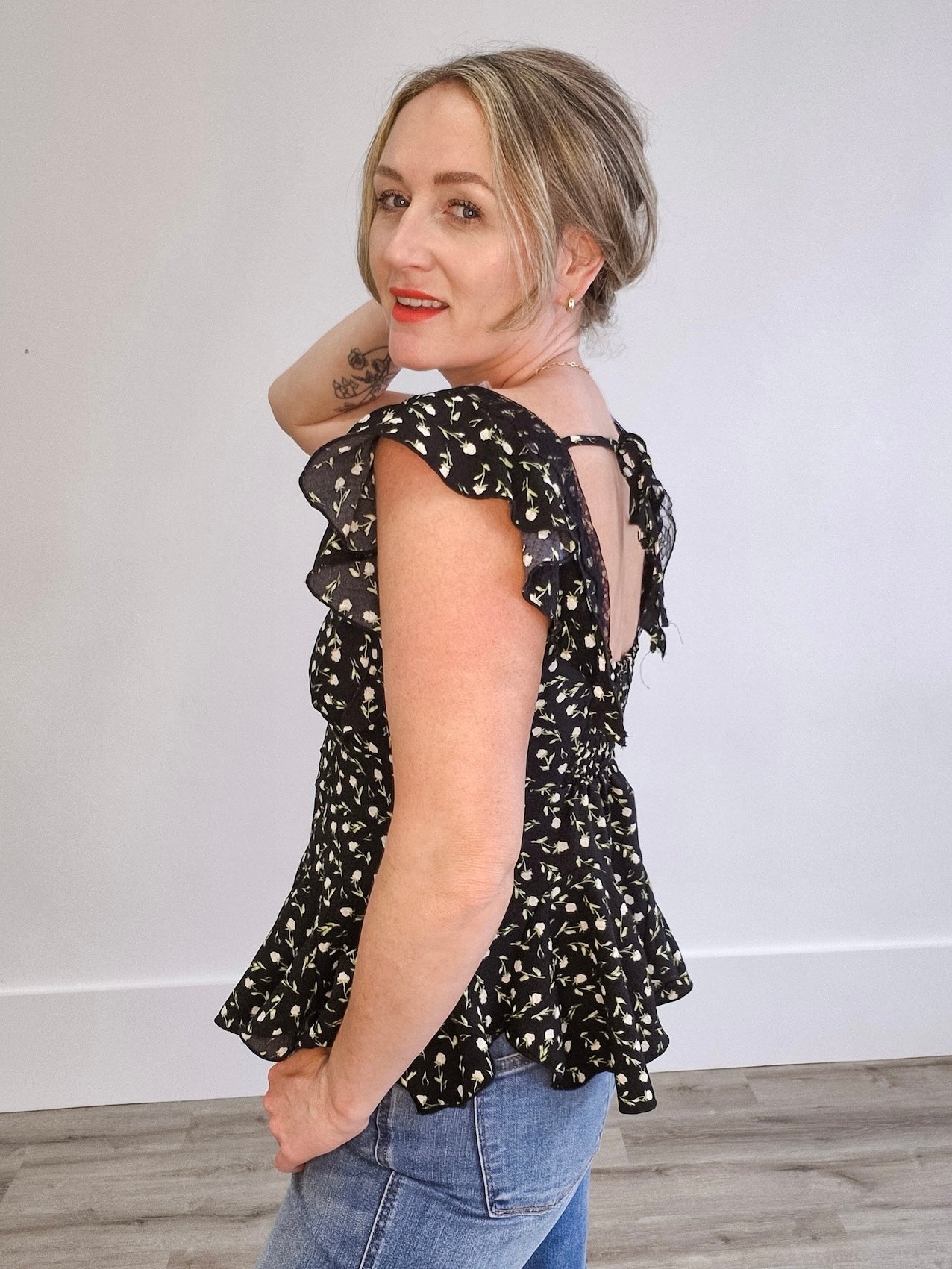 Ditsy Floral Peplum Top - Black-Tops- Hometown Style HTS, women's in store and online boutique located in Ingersoll, Ontario