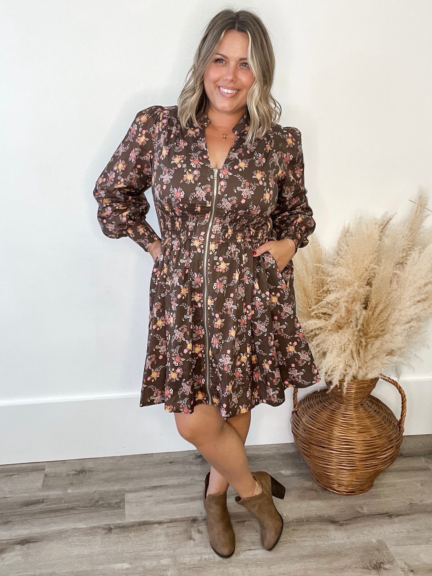 Zippered Floral Mini Dress-Special Occasion Dresses- Hometown Style HTS, women's in store and online boutique located in Ingersoll, Ontario