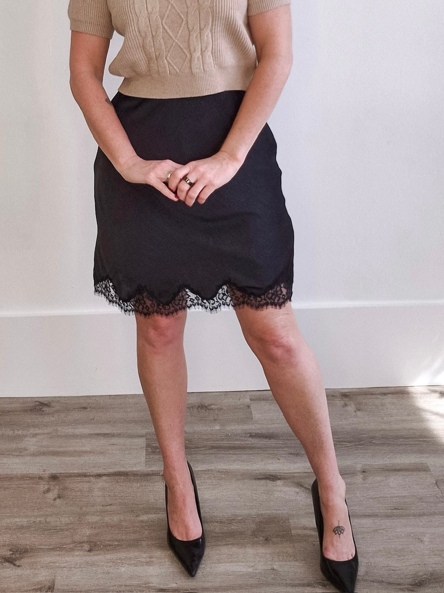 Lace Trim, Satin Slip Skirt - Black-Skirt- Hometown Style HTS, women's in store and online boutique located in Ingersoll, Ontario