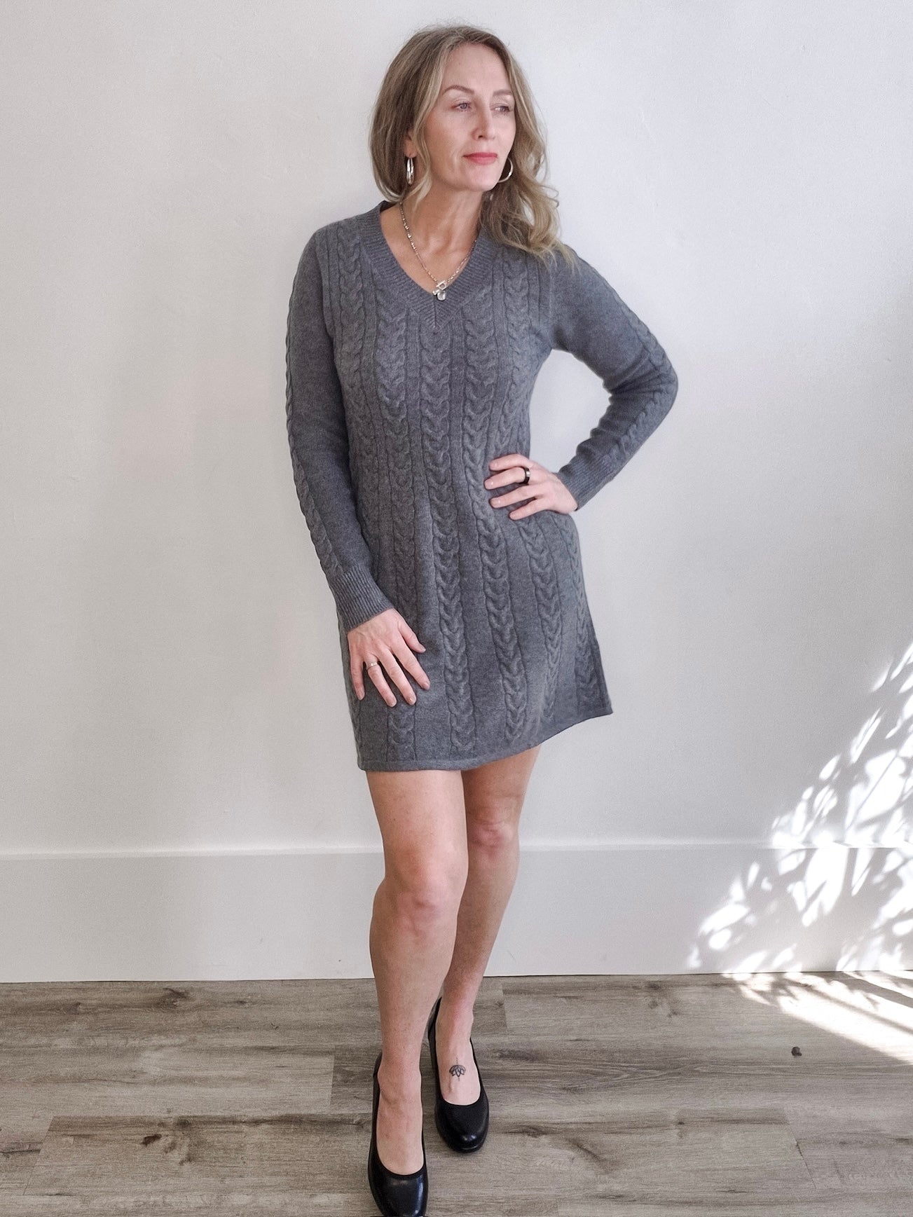 Casual Cable Knit Dress - Grey-Casual Dresses- Hometown Style HTS, women's in store and online boutique located in Ingersoll, Ontario