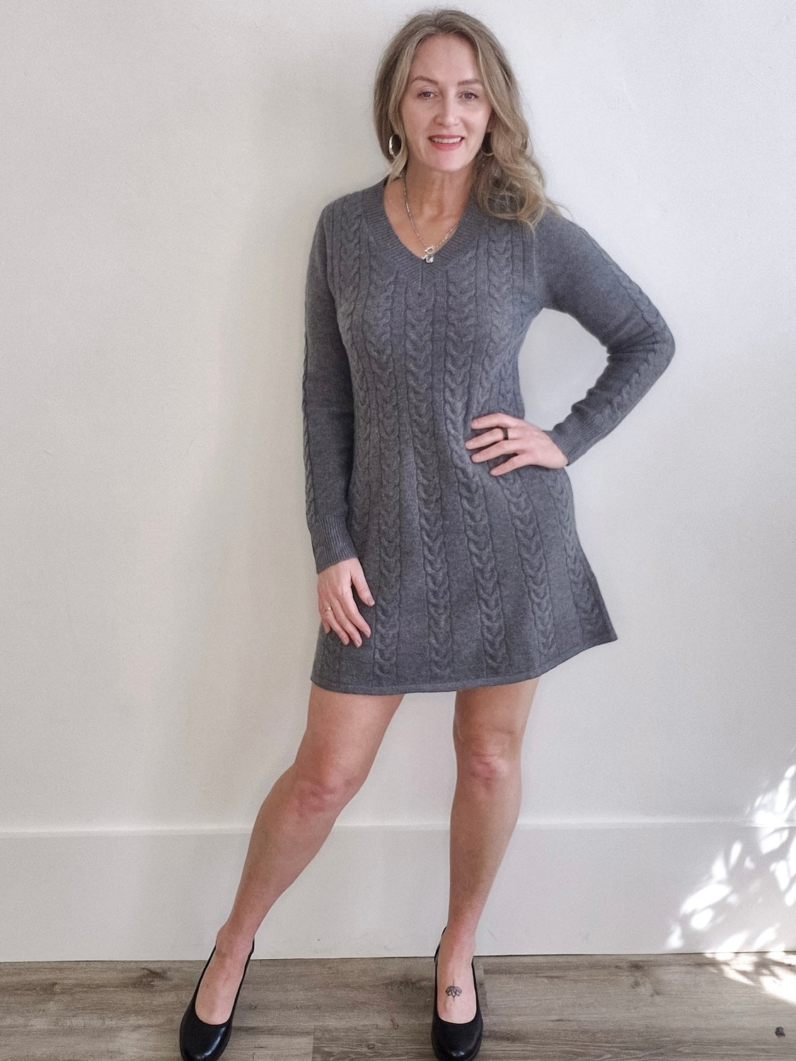 Casual Cable Knit Dress - Grey-Casual Dresses- Hometown Style HTS, women's in store and online boutique located in Ingersoll, Ontario