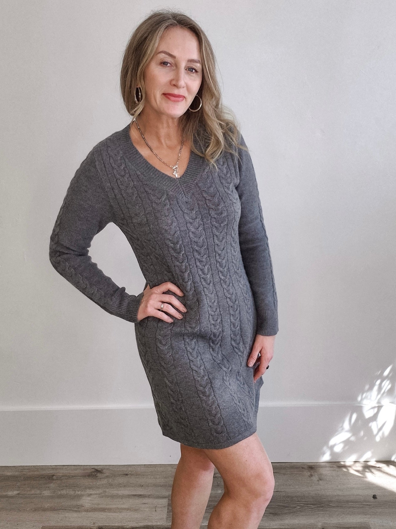 Casual Cable Knit Dress - Grey-Casual Dresses- Hometown Style HTS, women's in store and online boutique located in Ingersoll, Ontario
