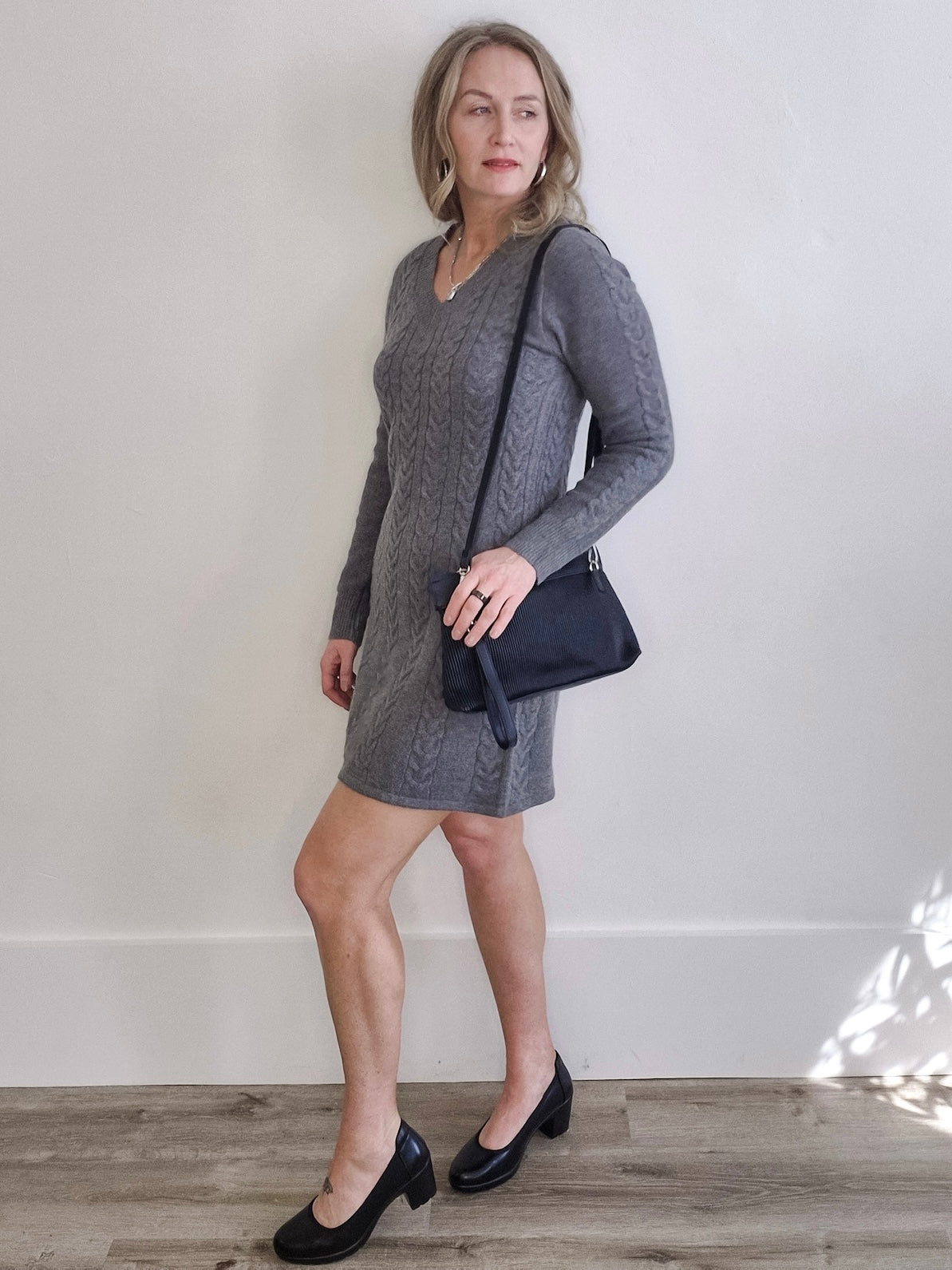 Casual Cable Knit Dress - Grey-Casual Dresses- Hometown Style HTS, women's in store and online boutique located in Ingersoll, Ontario
