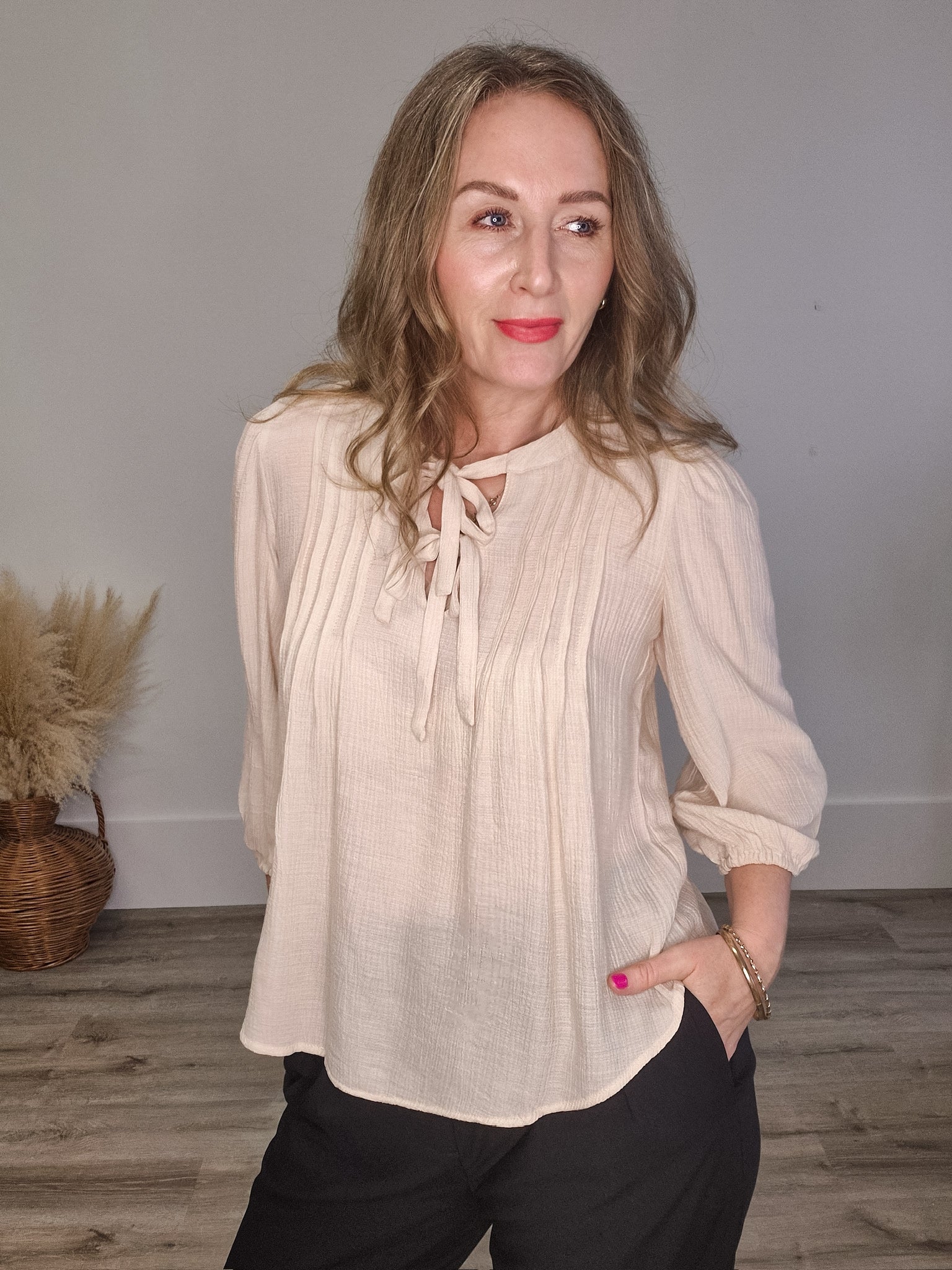 Front Tie Blouse - Cream-Blouses- Hometown Style HTS, women's in store and online boutique located in Ingersoll, Ontario