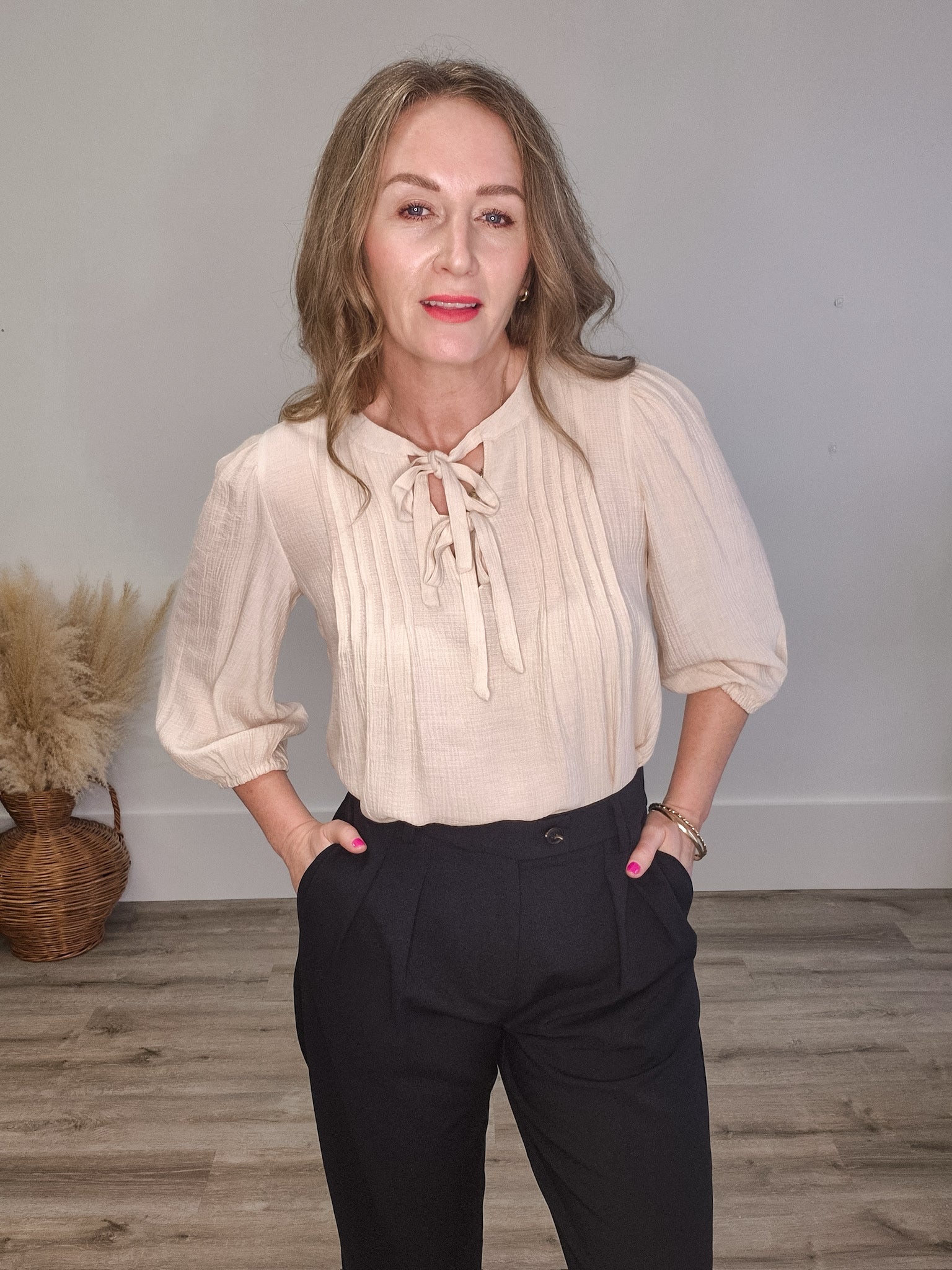 Front Tie Blouse - Cream-Blouses- Hometown Style HTS, women's in store and online boutique located in Ingersoll, Ontario