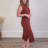 Draped Mock Neck Midi - Rust-dress- Hometown Style HTS, women's in store and online boutique located in Ingersoll, Ontario