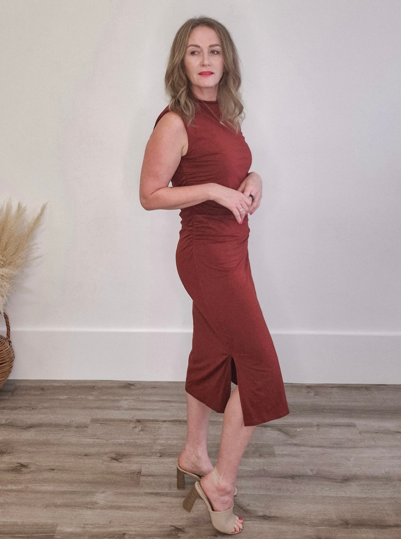 Draped Mock Neck Midi - Rust-dress- Hometown Style HTS, women's in store and online boutique located in Ingersoll, Ontario