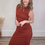 Draped Mock Neck Midi - Rust-dress- Hometown Style HTS, women's in store and online boutique located in Ingersoll, Ontario