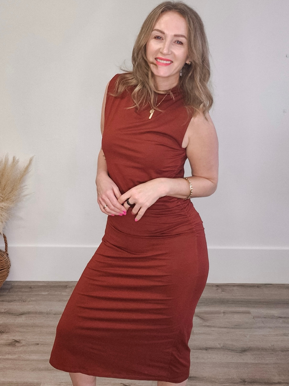 Draped Mock Neck Midi - Rust-dress- Hometown Style HTS, women's in store and online boutique located in Ingersoll, Ontario