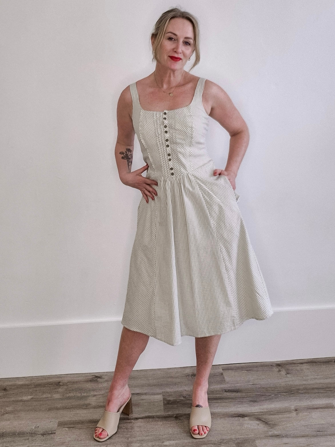Round Neck Button-Down Corset Midi Dress - Ivory-Dress- Hometown Style HTS, women's in store and online boutique located in Ingersoll, Ontario