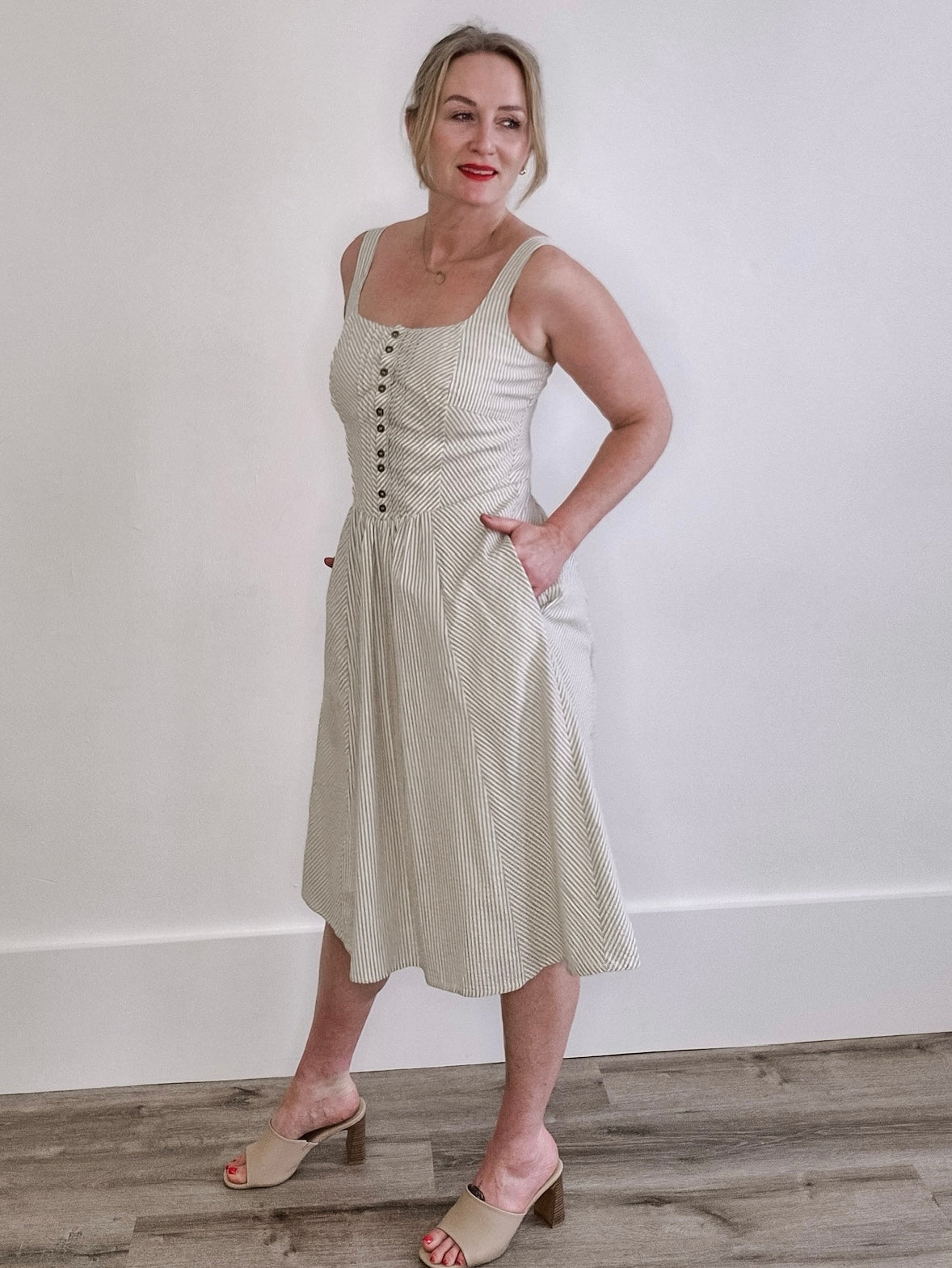 Round Neck Button-Down Corset Midi Dress - Ivory-Dress- Hometown Style HTS, women's in store and online boutique located in Ingersoll, Ontario