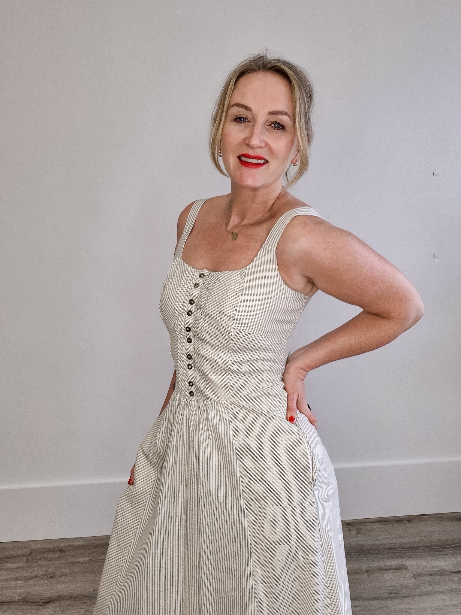 Round Neck Button-Down Corset Midi Dress - Ivory-Dress- Hometown Style HTS, women's in store and online boutique located in Ingersoll, Ontario