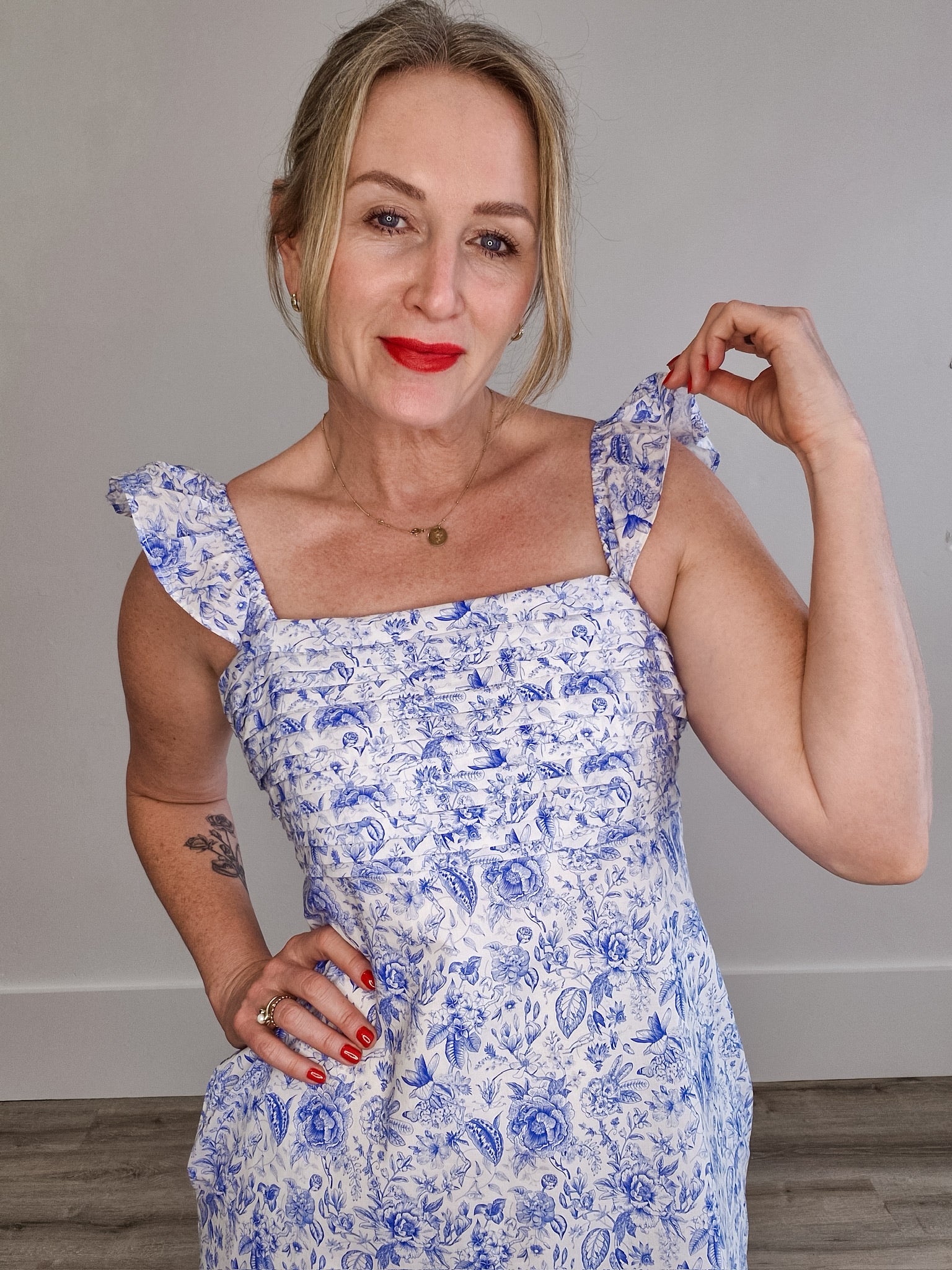 Floral Ruffle Sleeve Mini Dress - Blue-Special Occasion Dress- Hometown Style HTS, women's in store and online boutique located in Ingersoll, Ontario