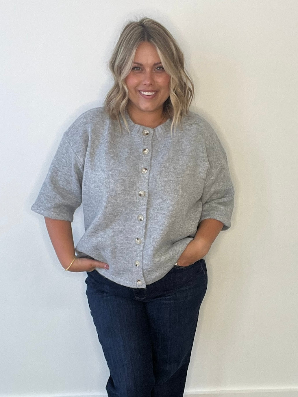 Brushed Button Up Sweater - Grey-Sweaters and Cardigans- Hometown Style HTS, women's in store and online boutique located in Ingersoll, Ontario