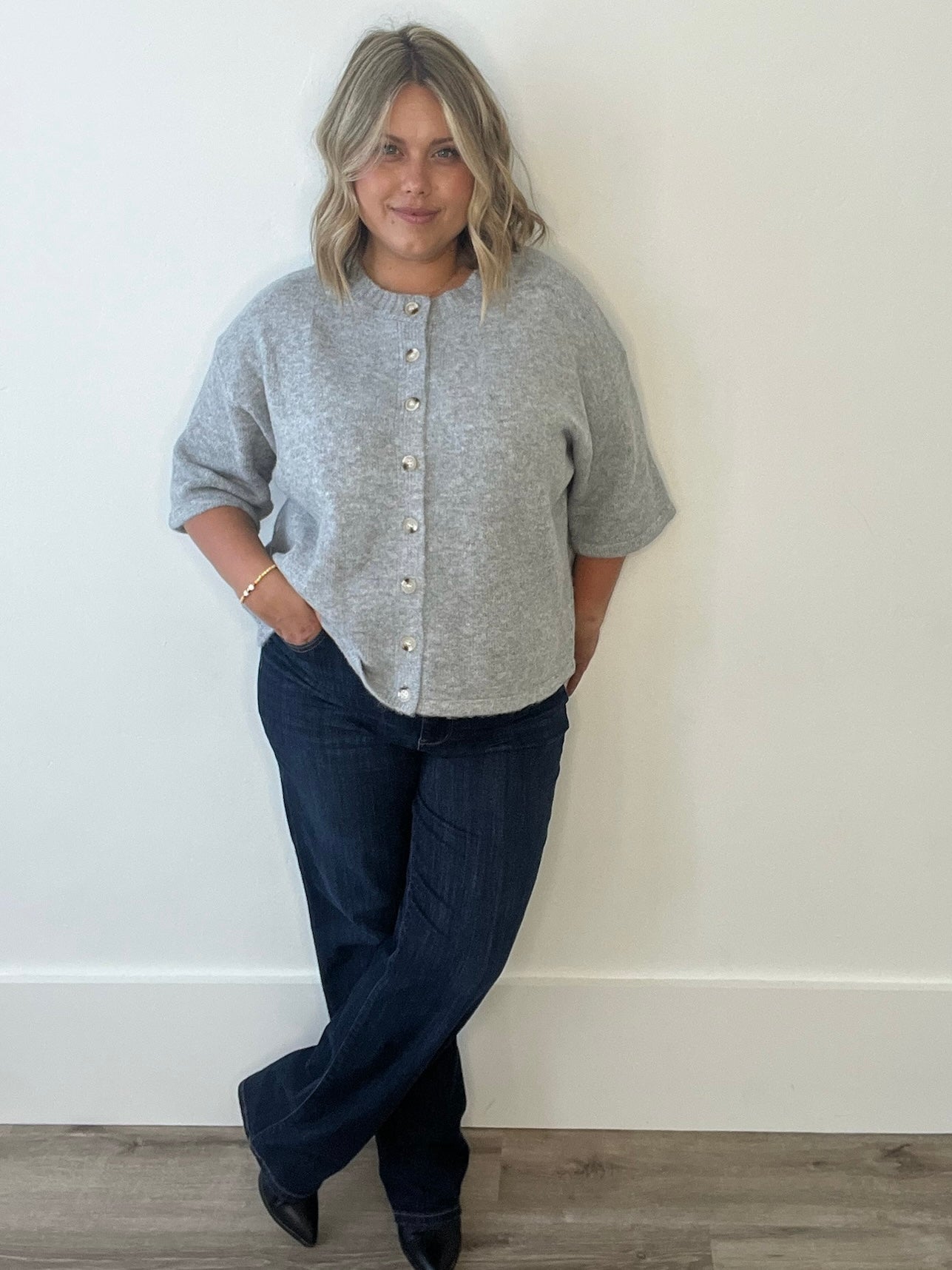 Brushed Button Up Sweater - Grey-Sweaters and Cardigans- Hometown Style HTS, women's in store and online boutique located in Ingersoll, Ontario