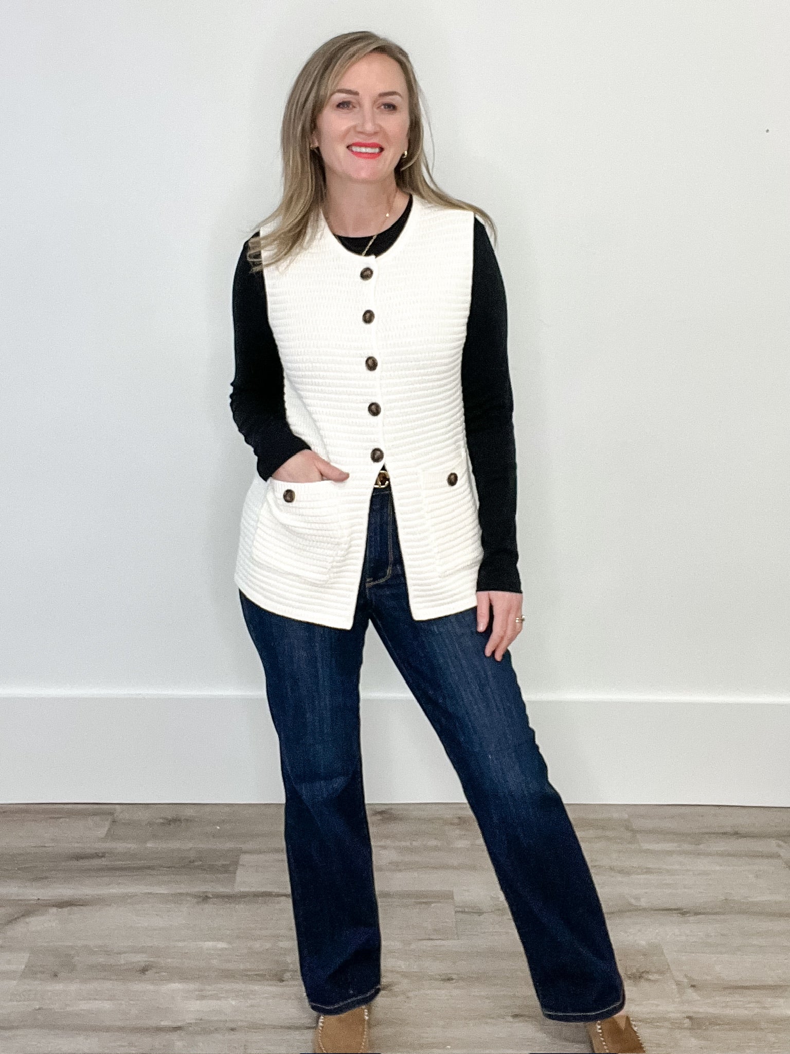 Sweater Button Down Vest - Cream-vest- Hometown Style HTS, women's in store and online boutique located in Ingersoll, Ontario