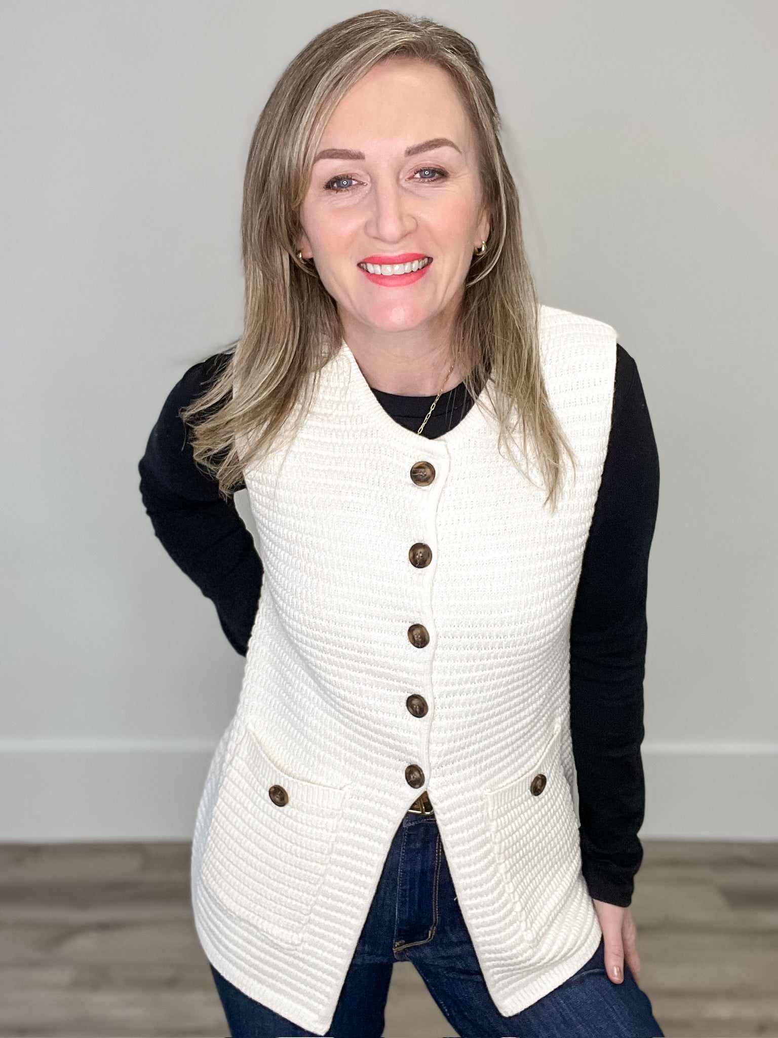 Sweater Button Down Vest - Cream-vest- Hometown Style HTS, women's in store and online boutique located in Ingersoll, Ontario