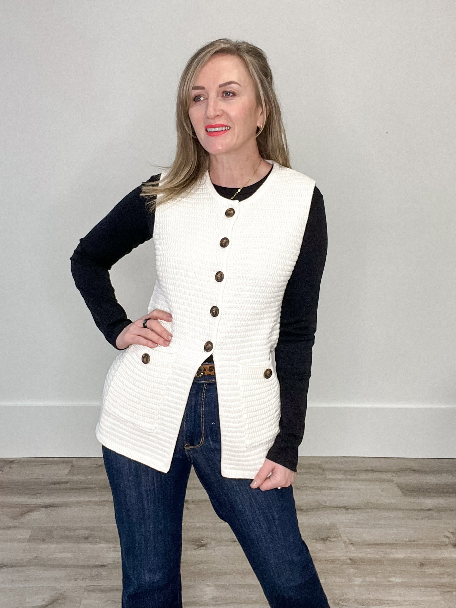 Sweater Button Down Vest - Cream-vest- Hometown Style HTS, women's in store and online boutique located in Ingersoll, Ontario