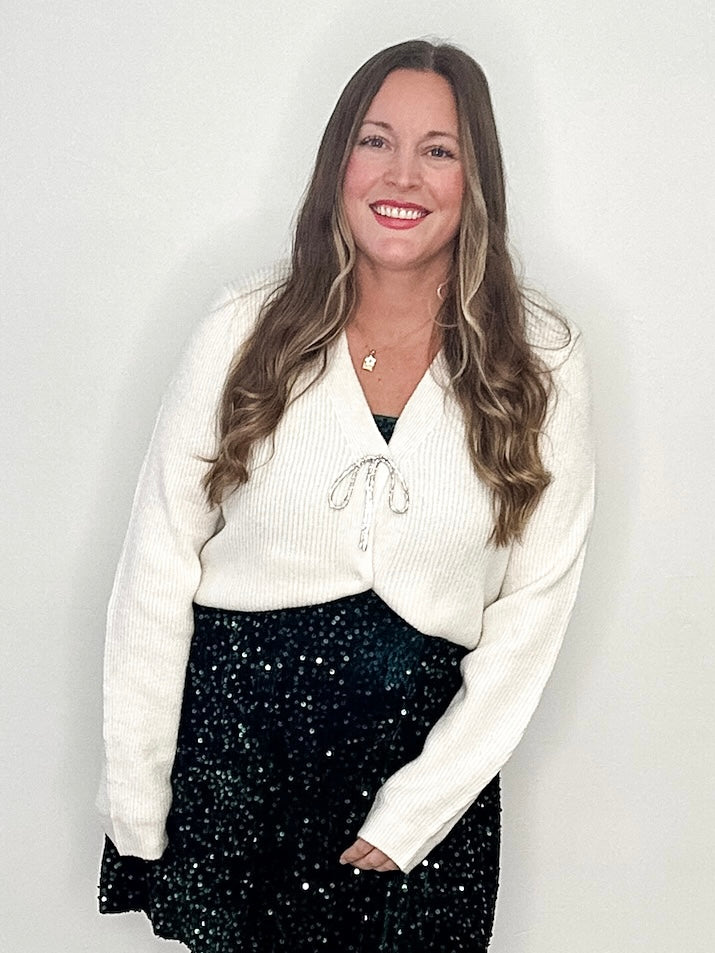 Sparkly Bow Cardigan - Cream-cardigan- Hometown Style HTS, women's in store and online boutique located in Ingersoll, Ontario