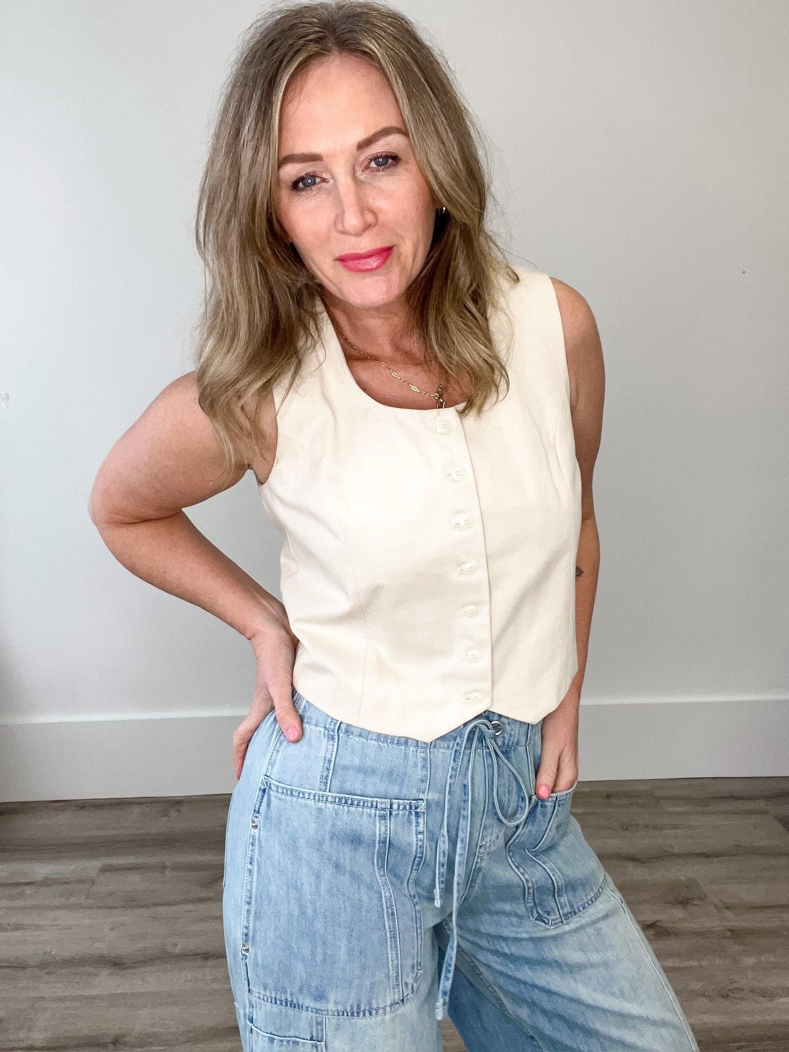 Cotton Button Up Vest - Ecru-vest- Hometown Style HTS, women's in store and online boutique located in Ingersoll, Ontario