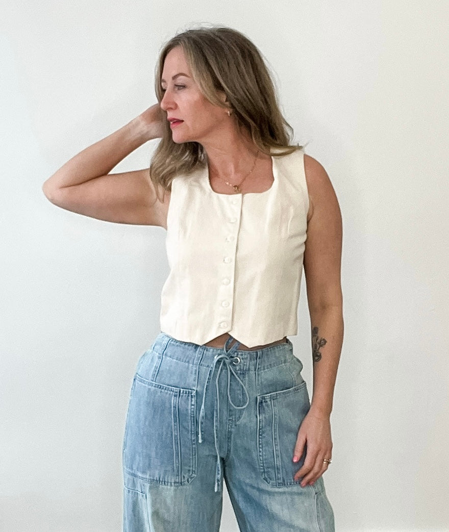 Cotton Button Up Vest - Ecru-vest- Hometown Style HTS, women's in store and online boutique located in Ingersoll, Ontario