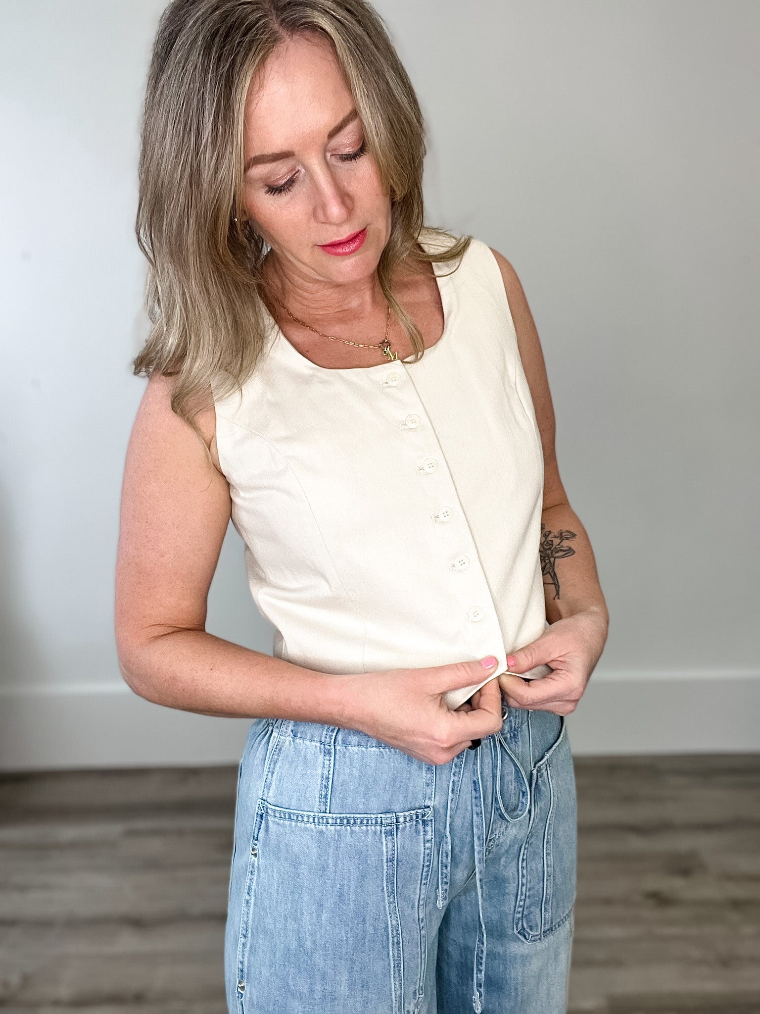 Cotton Button Up Vest - Ecru-vest- Hometown Style HTS, women's in store and online boutique located in Ingersoll, Ontario