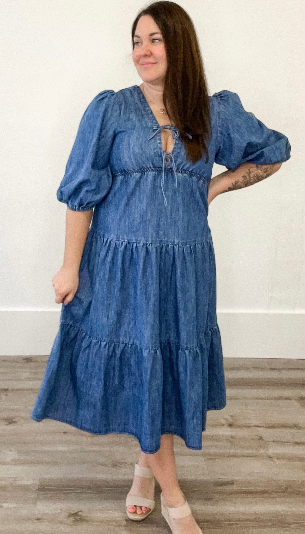 Denim Tiered Midi Dress-dress- Hometown Style HTS, women's in store and online boutique located in Ingersoll, Ontario