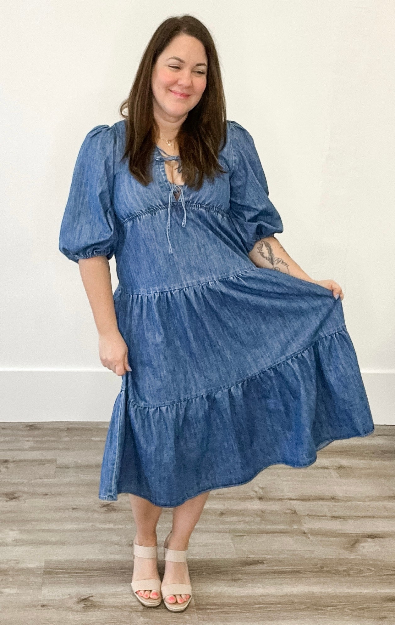 Denim Tiered Midi Dress-dress- Hometown Style HTS, women's in store and online boutique located in Ingersoll, Ontario