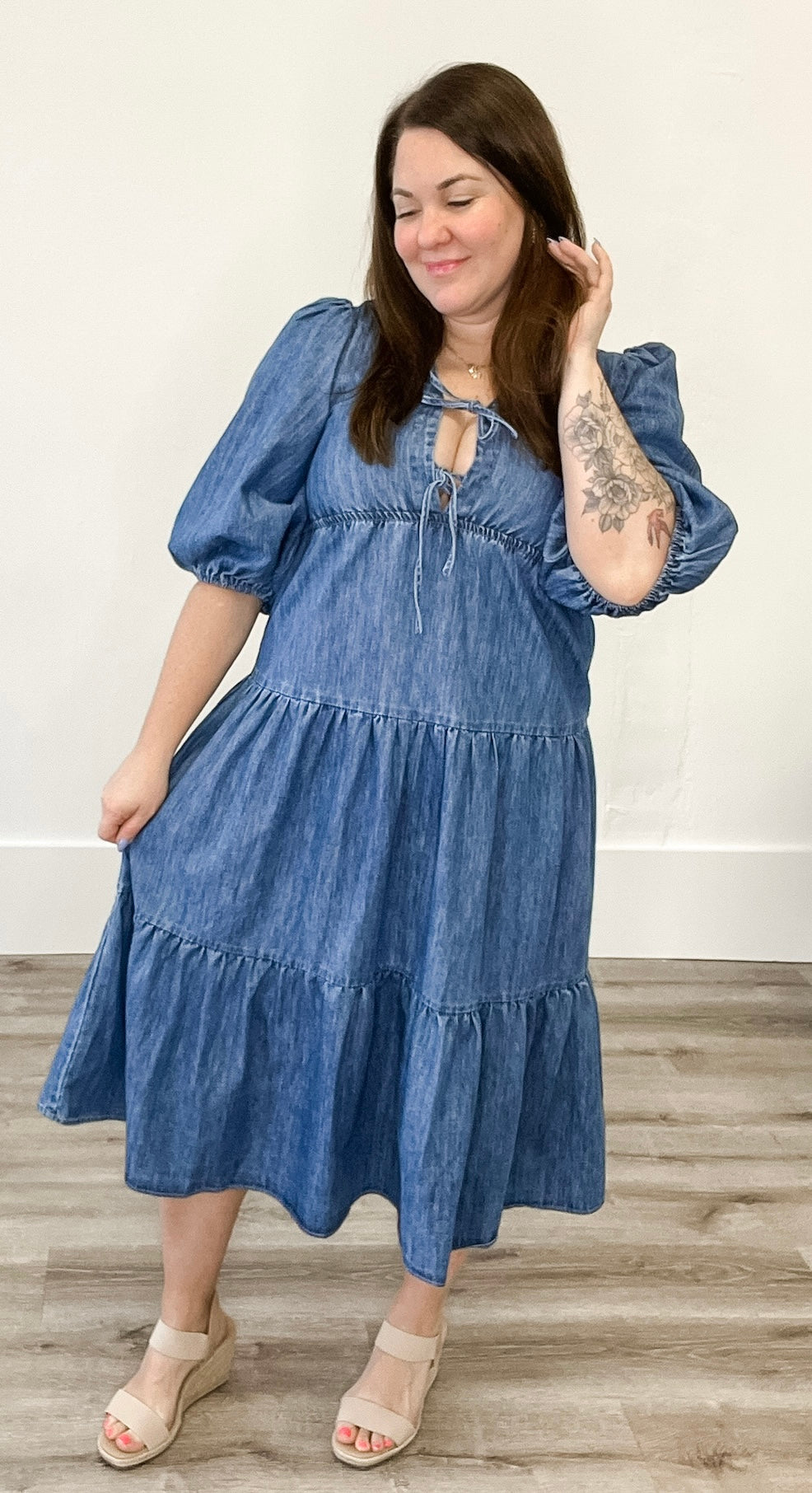 Denim Tiered Midi Dress-dress- Hometown Style HTS, women's in store and online boutique located in Ingersoll, Ontario