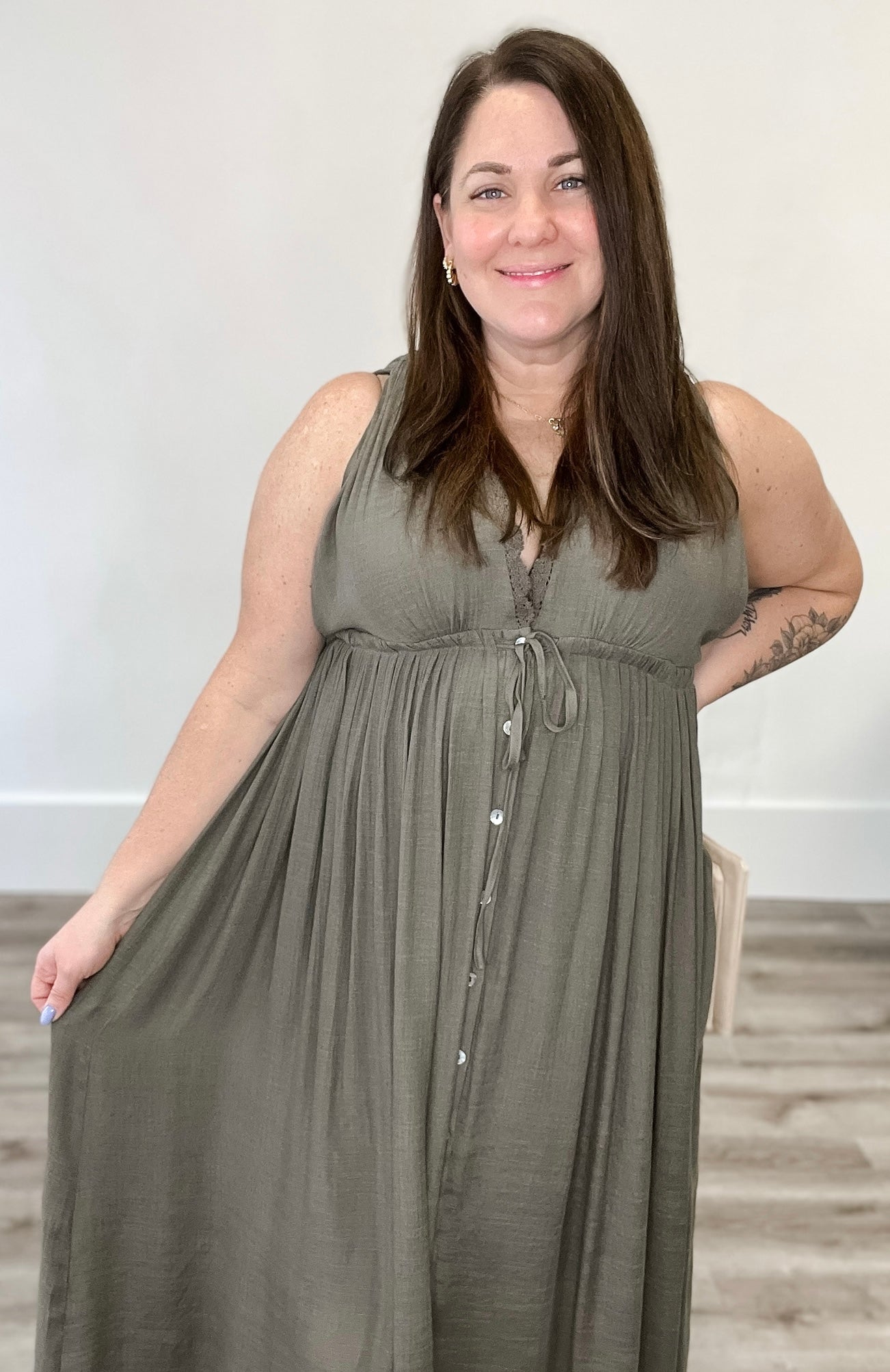 Deep V Neckline Maxi Dress - Olive-dress- Hometown Style HTS, women's in store and online boutique located in Ingersoll, Ontario