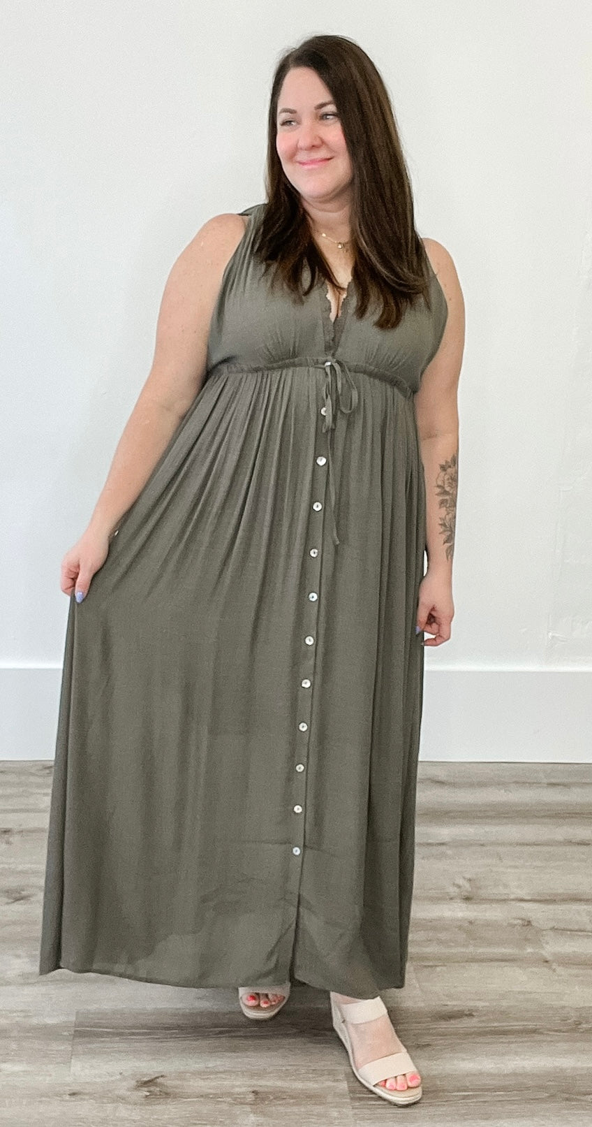 Deep V Neckline Maxi Dress - Olive-dress- Hometown Style HTS, women's in store and online boutique located in Ingersoll, Ontario
