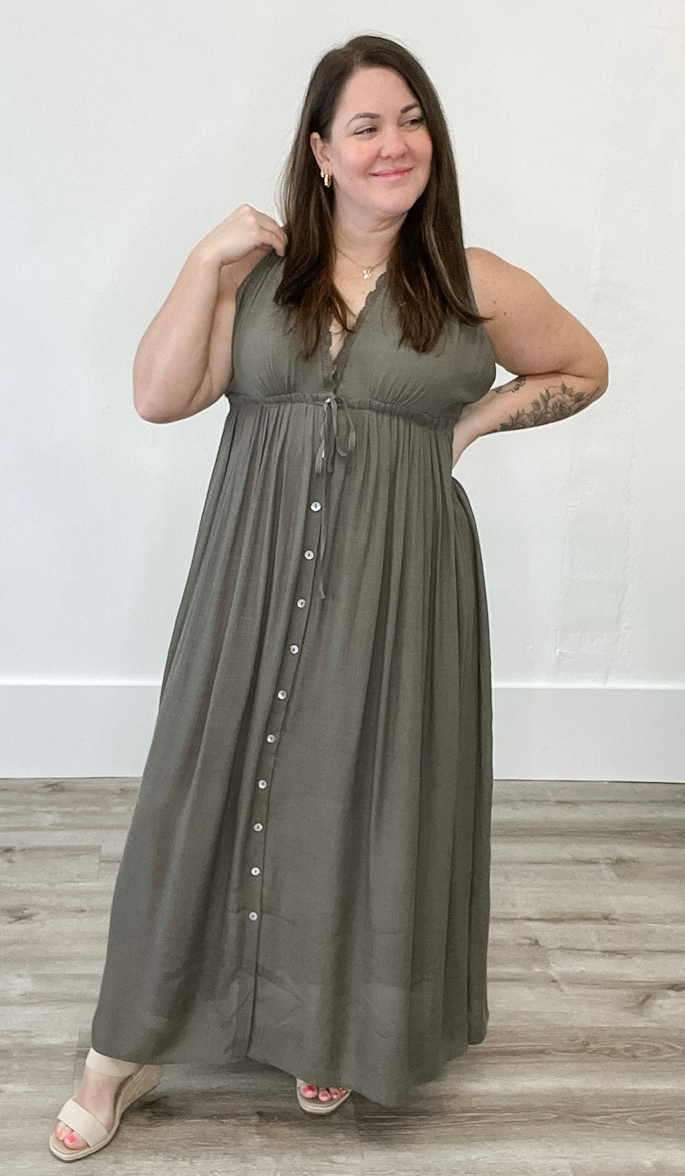 Deep V Neckline Maxi Dress - Olive-dress- Hometown Style HTS, women's in store and online boutique located in Ingersoll, Ontario