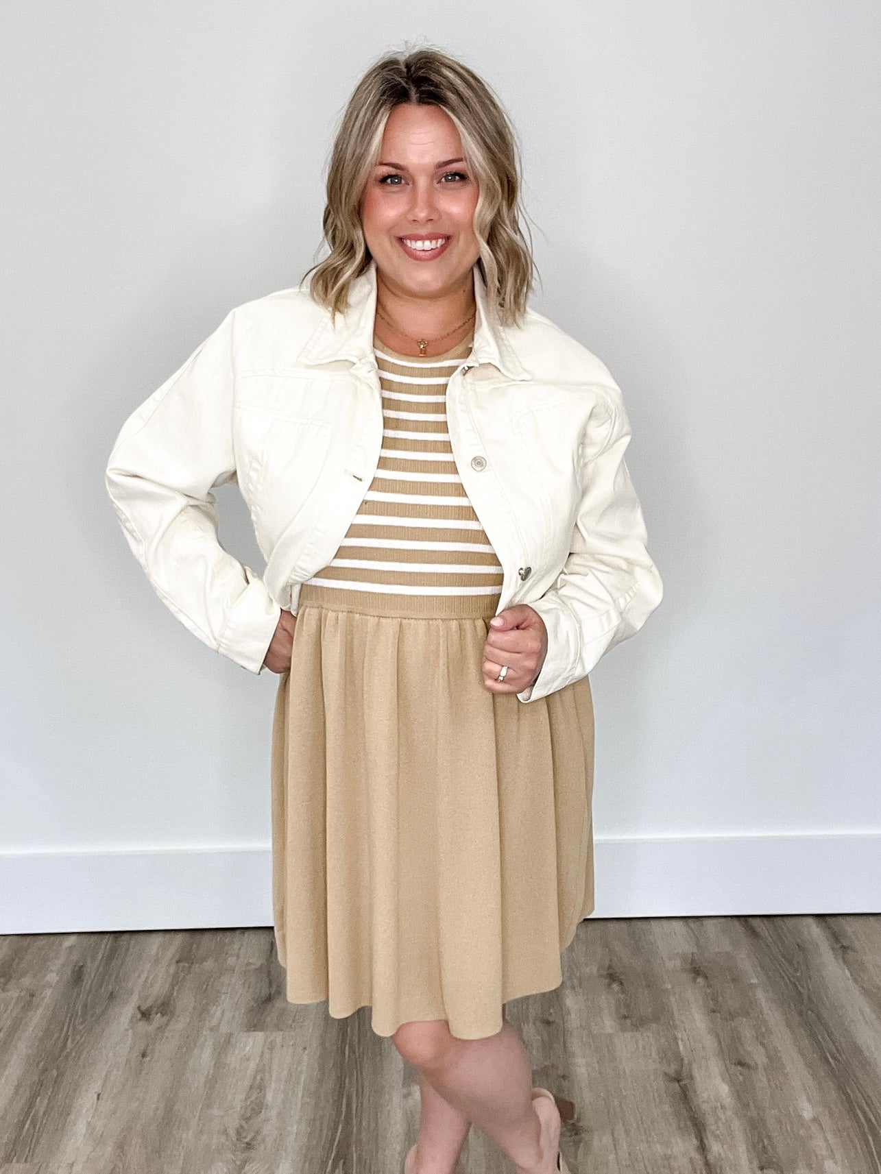 Striped Mini Sweater Tank Dress - Taupe/White-dress- Hometown Style HTS, women's in store and online boutique located in Ingersoll, Ontario