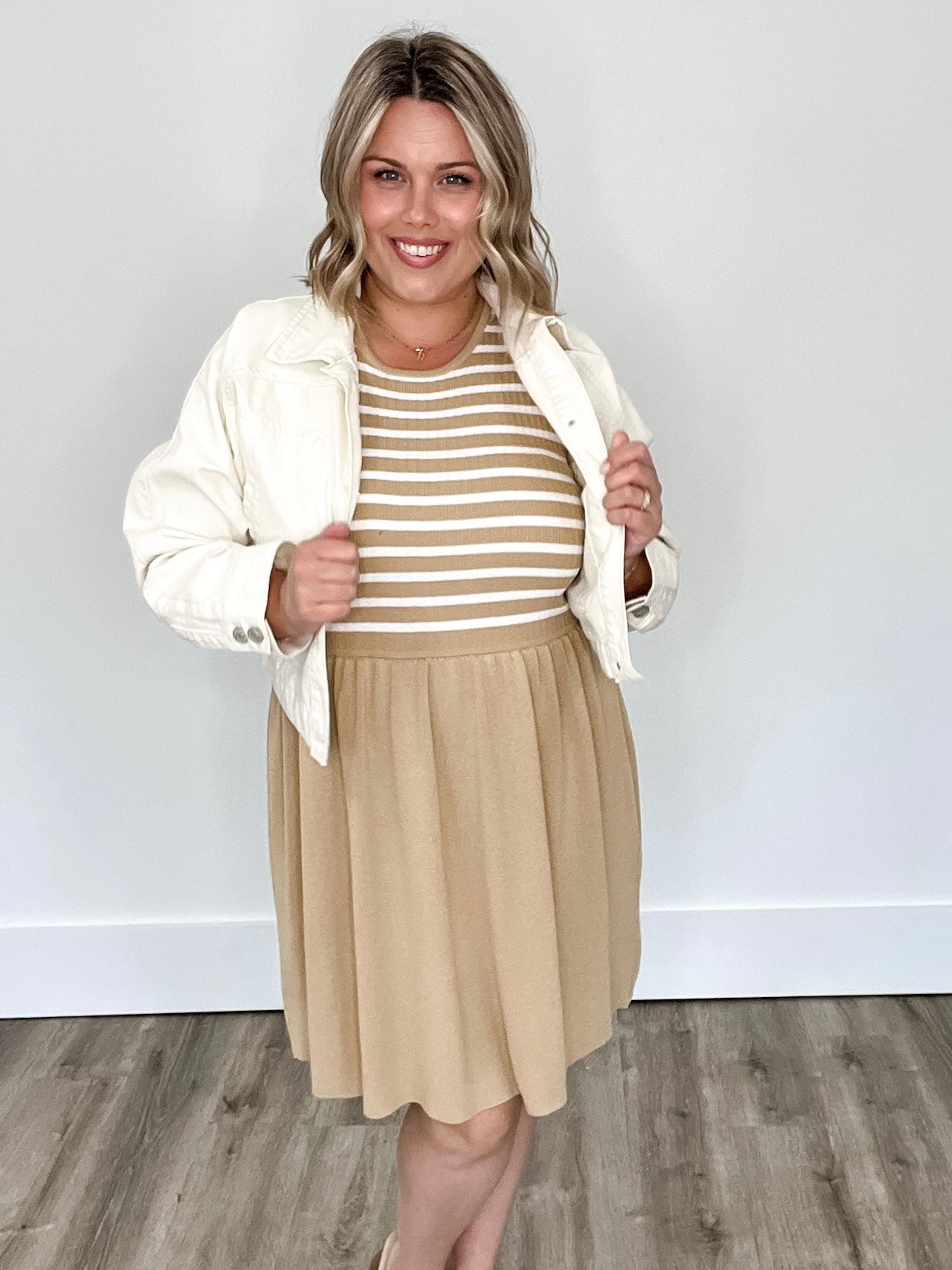 Striped Mini Sweater Tank Dress - Taupe/White-dress- Hometown Style HTS, women's in store and online boutique located in Ingersoll, Ontario