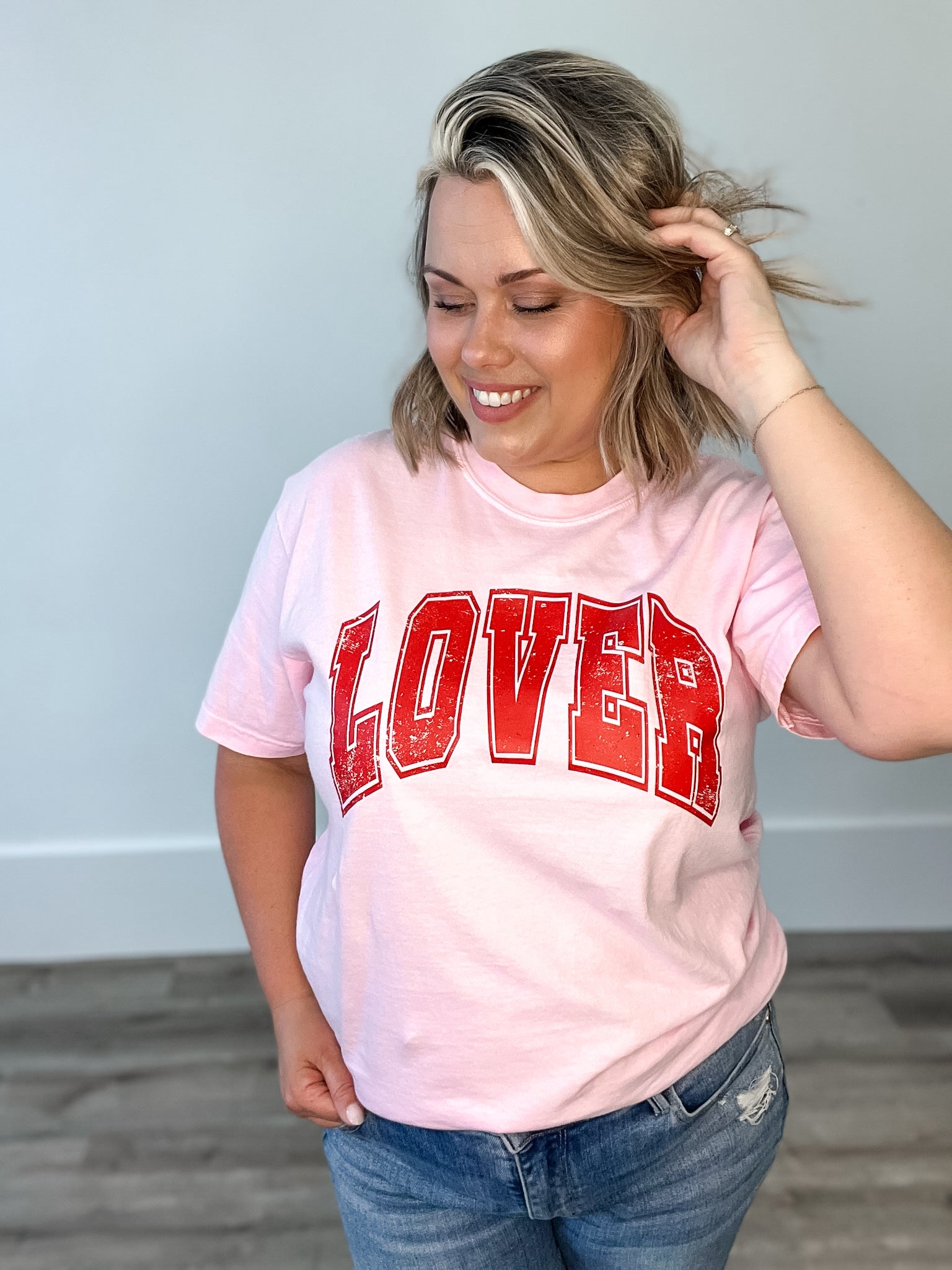 Lover Varsity, Comfort Tee - Pink & Red-graphic tee- Hometown Style HTS, women's in store and online boutique located in Ingersoll, Ontario