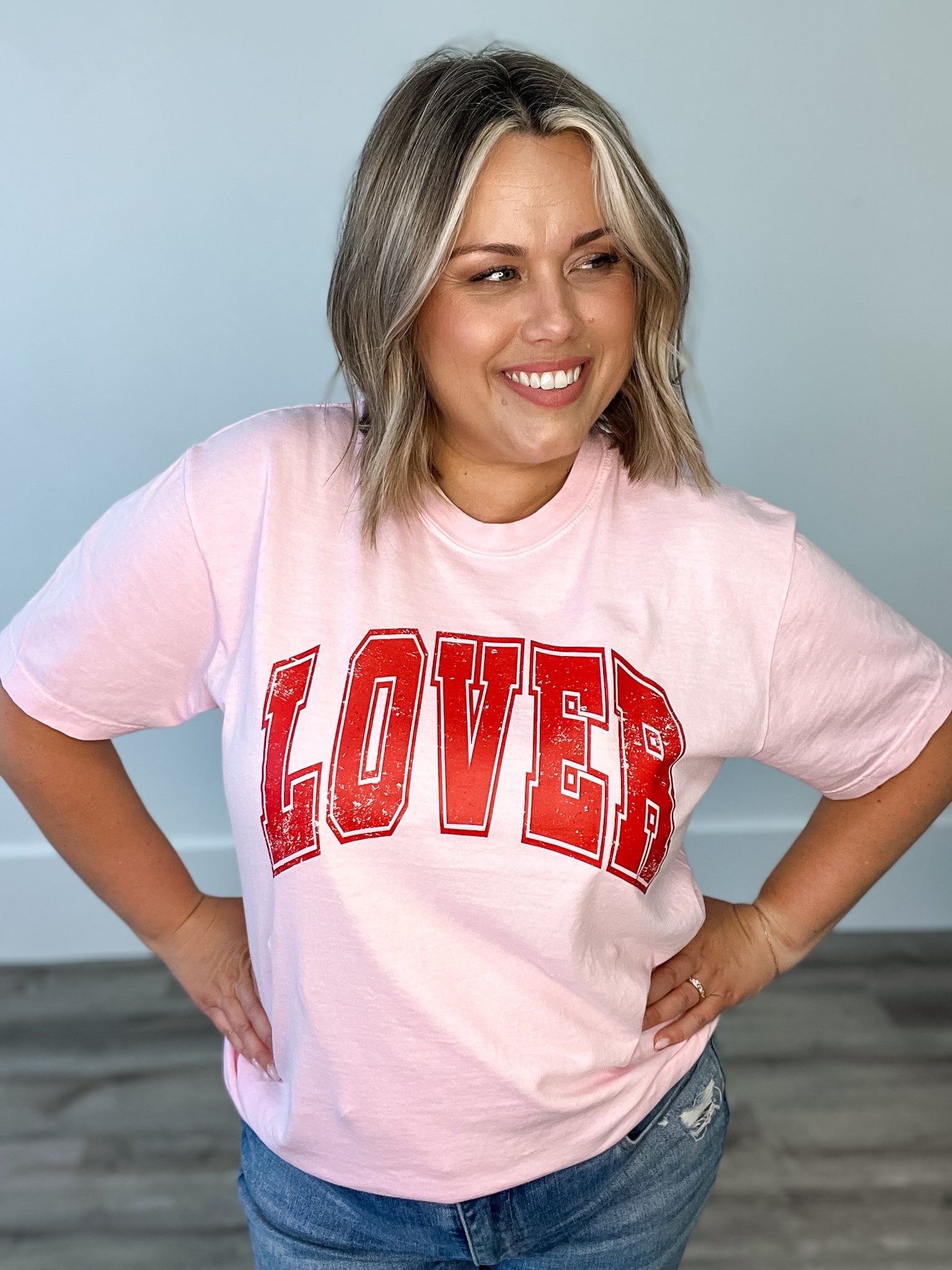 Lover Varsity, Comfort Tee - Pink & Red-graphic tee- Hometown Style HTS, women's in store and online boutique located in Ingersoll, Ontario