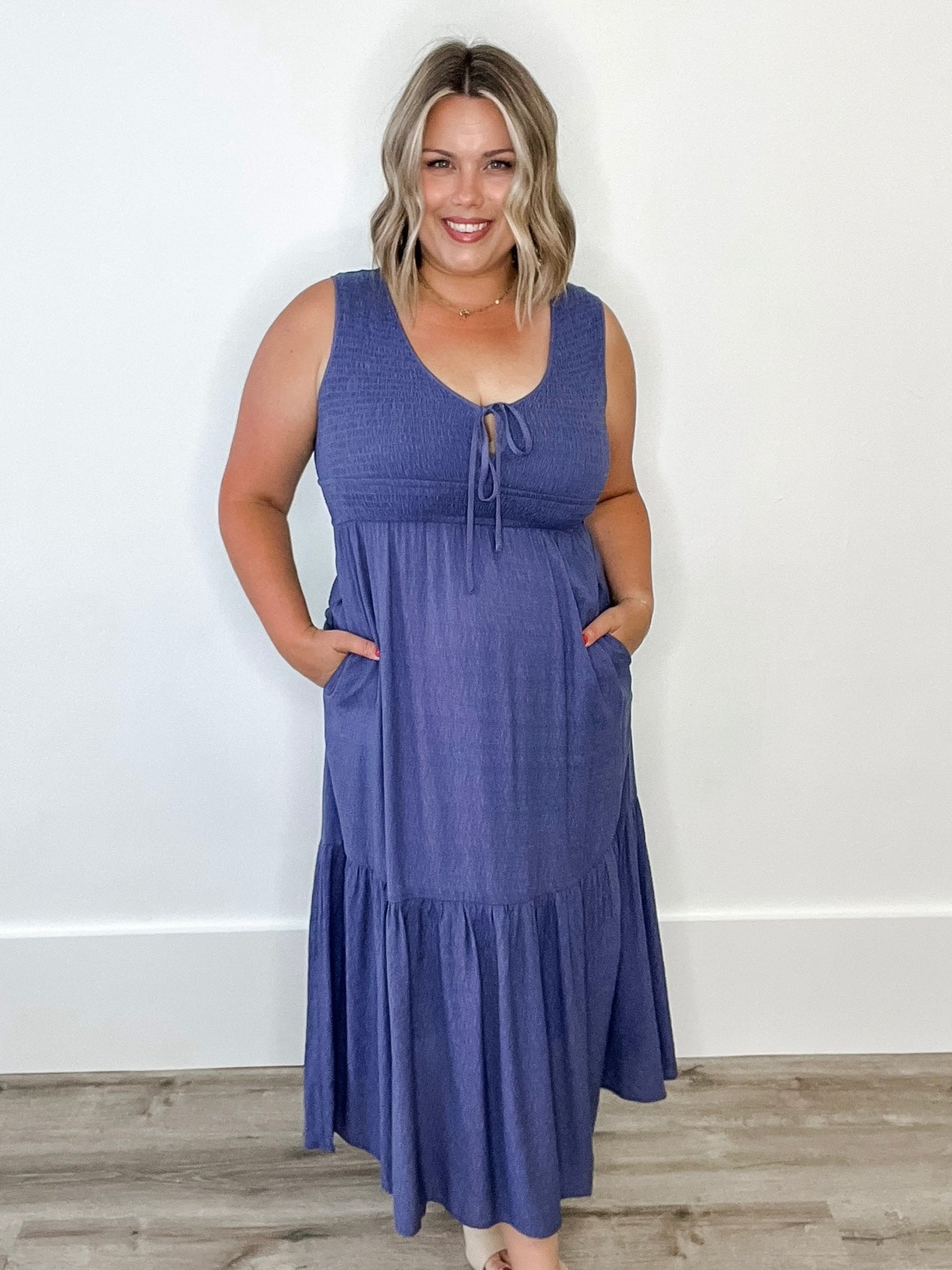 Flowy Tiered Midi Dress with Side Pockets-Slate Blue-dress- Hometown Style HTS, women's in store and online boutique located in Ingersoll, Ontario