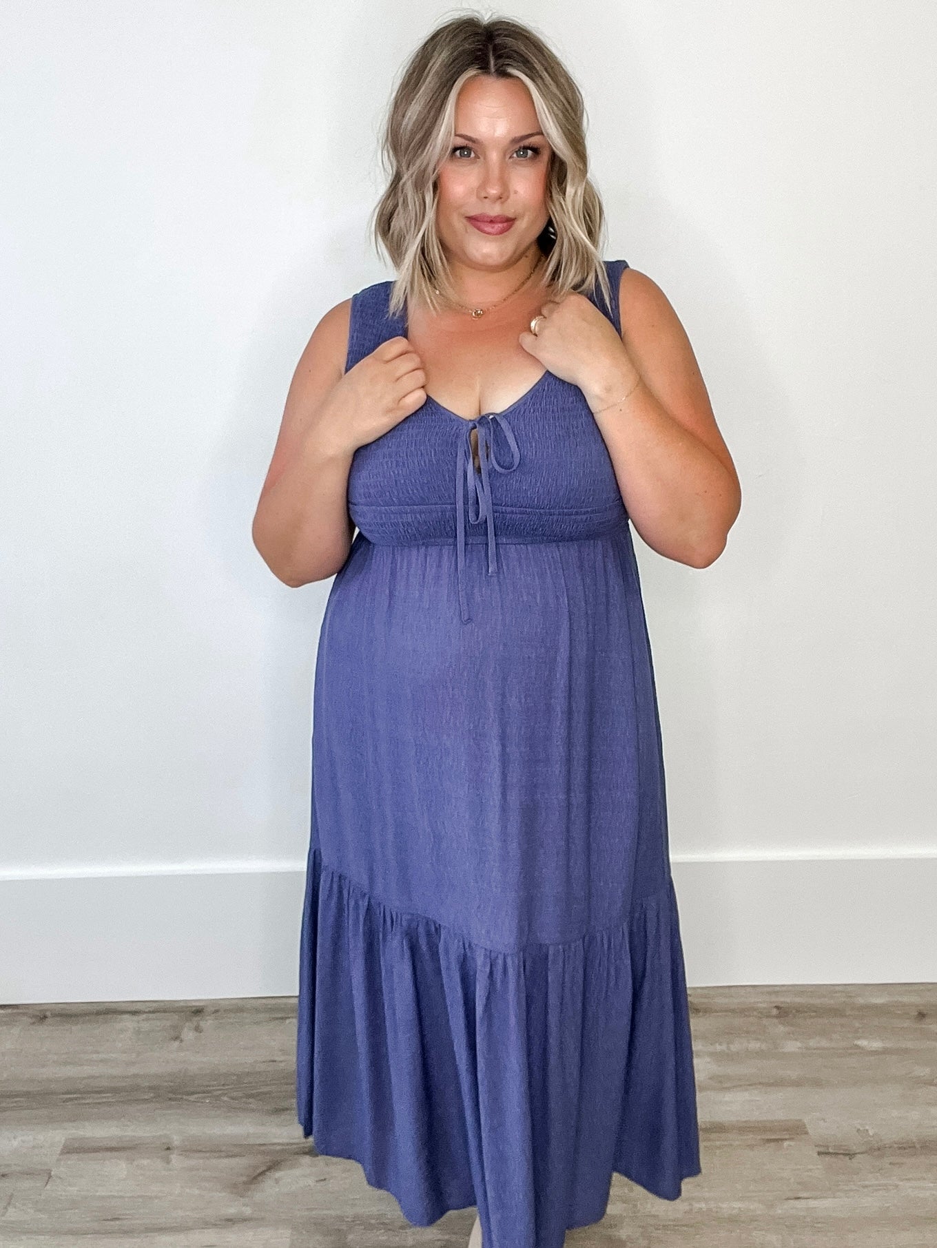 Flowy Tiered Midi Dress with Side Pockets-Slate Blue-dress- Hometown Style HTS, women's in store and online boutique located in Ingersoll, Ontario