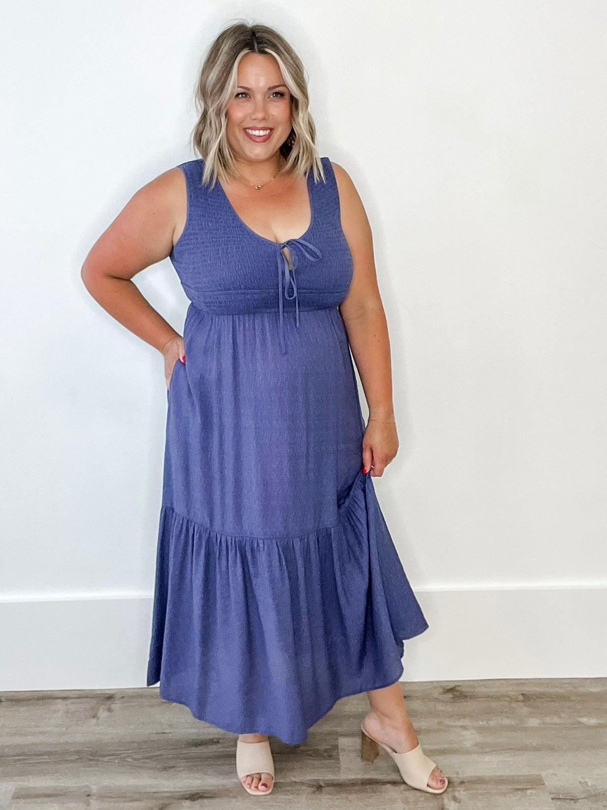 Flowy Tiered Midi Dress with Side Pockets-Slate Blue-dress- Hometown Style HTS, women's in store and online boutique located in Ingersoll, Ontario