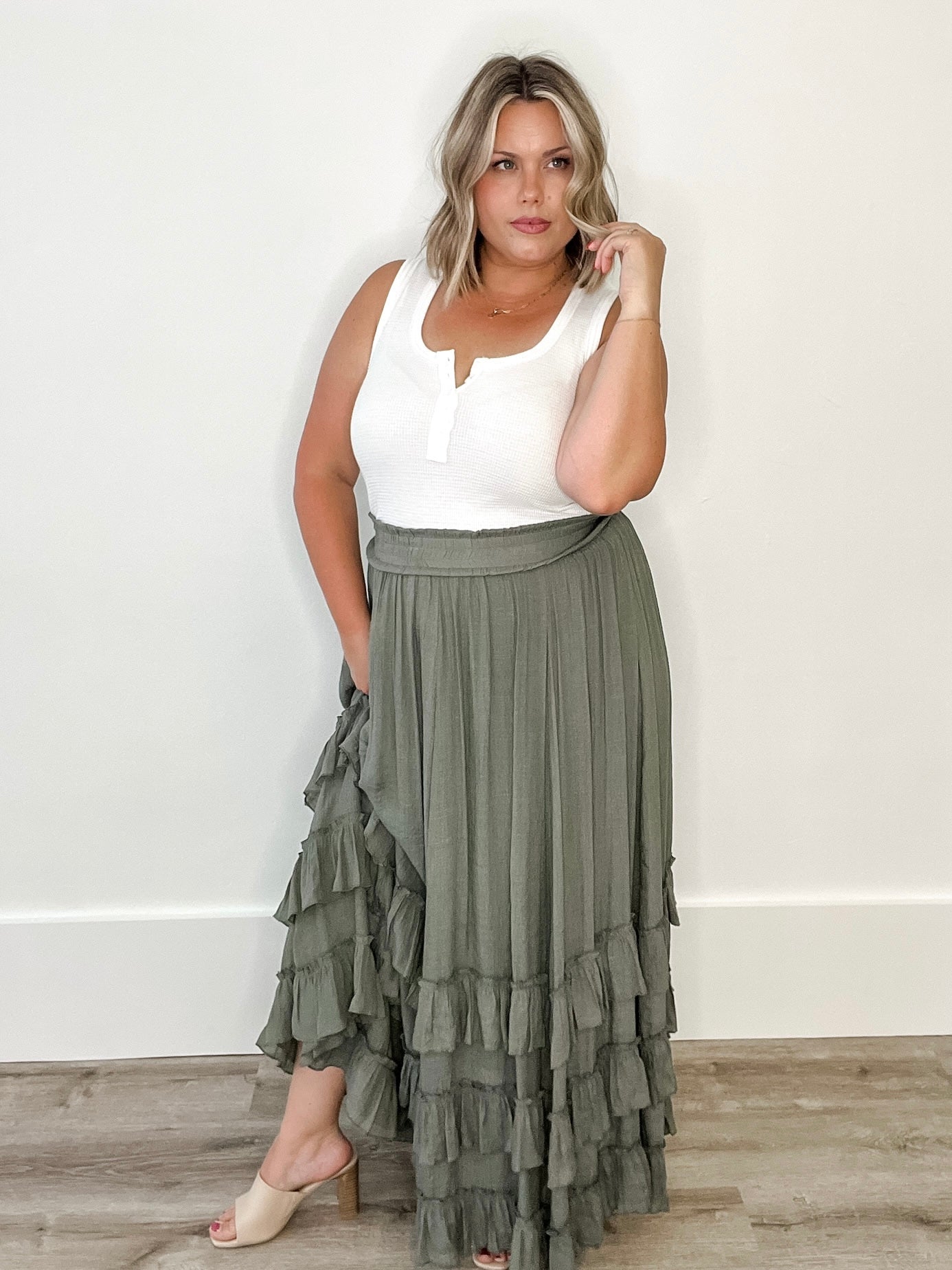 Tiered Ruffle Maxi Skirt - Olive-Skirt- Hometown Style HTS, women's in store and online boutique located in Ingersoll, Ontario