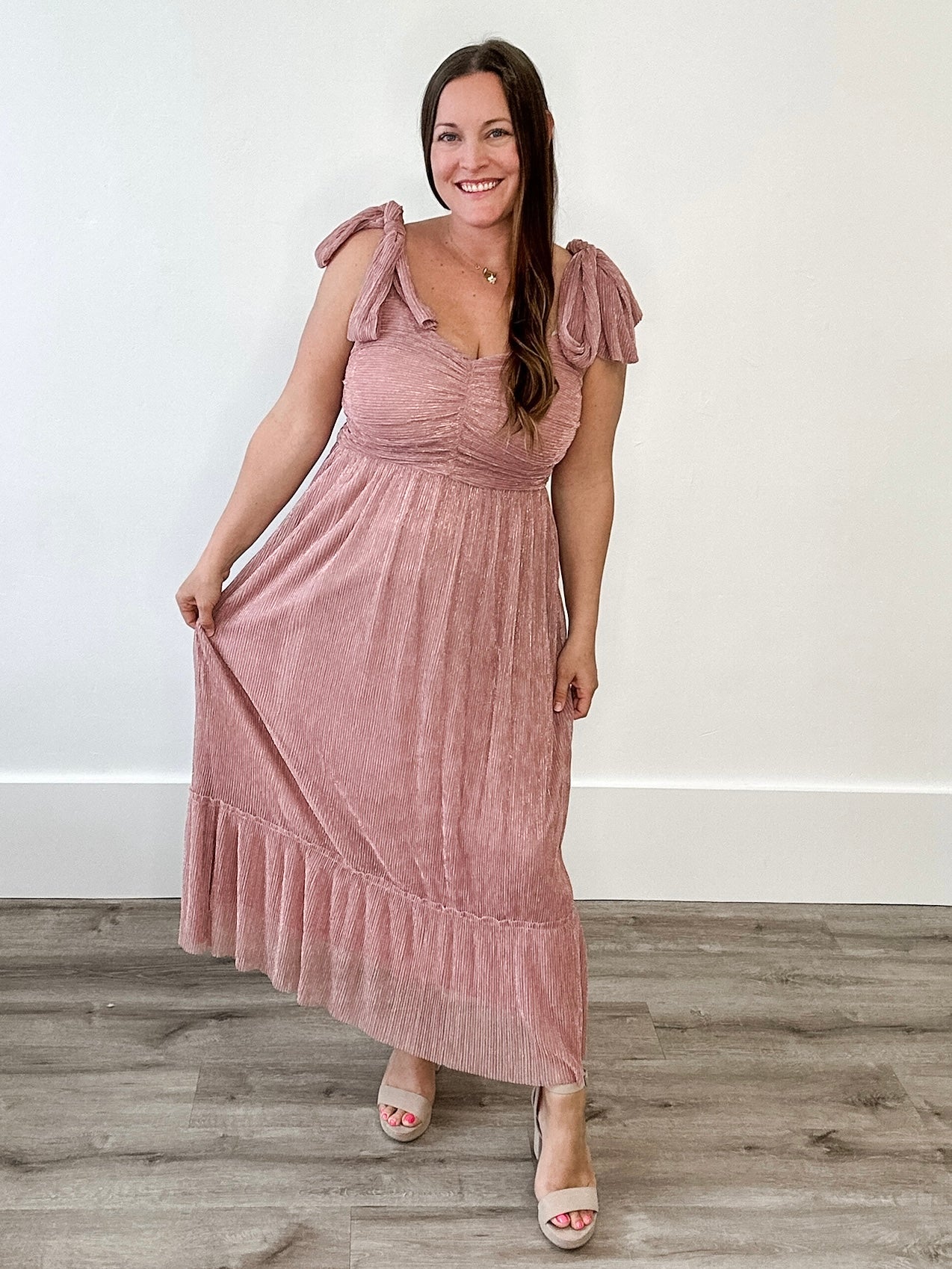 Shoulder Tie Midi Dress - Pink-Special Occasion Dress- Hometown Style HTS, women's in store and online boutique located in Ingersoll, Ontario