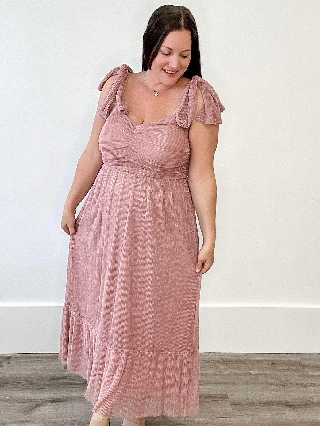 Shoulder Tie Midi Dress - Pink-Special Occasion Dress- Hometown Style HTS, women's in store and online boutique located in Ingersoll, Ontario