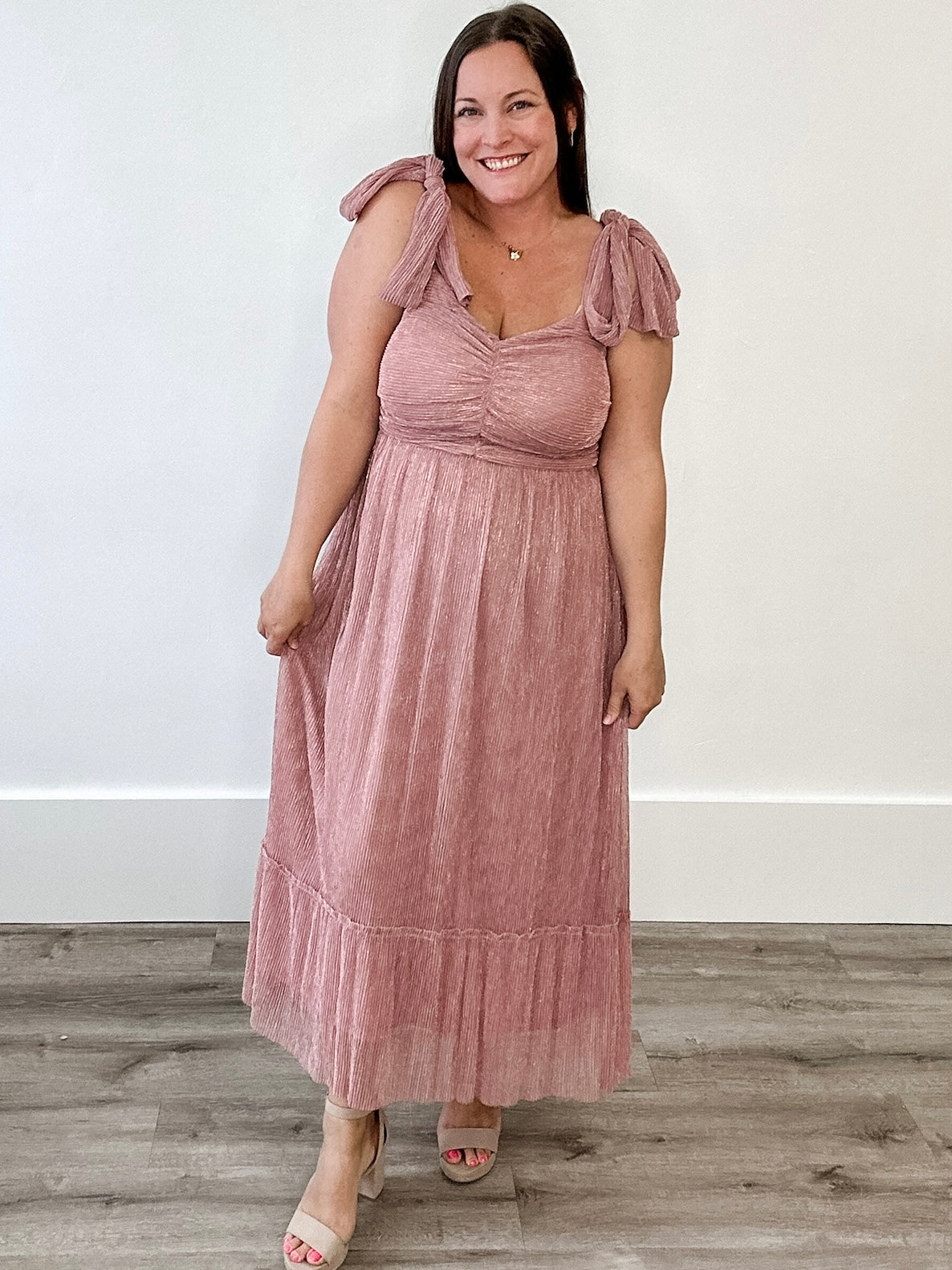 Shoulder Tie Midi Dress - Pink-Special Occasion Dress- Hometown Style HTS, women's in store and online boutique located in Ingersoll, Ontario